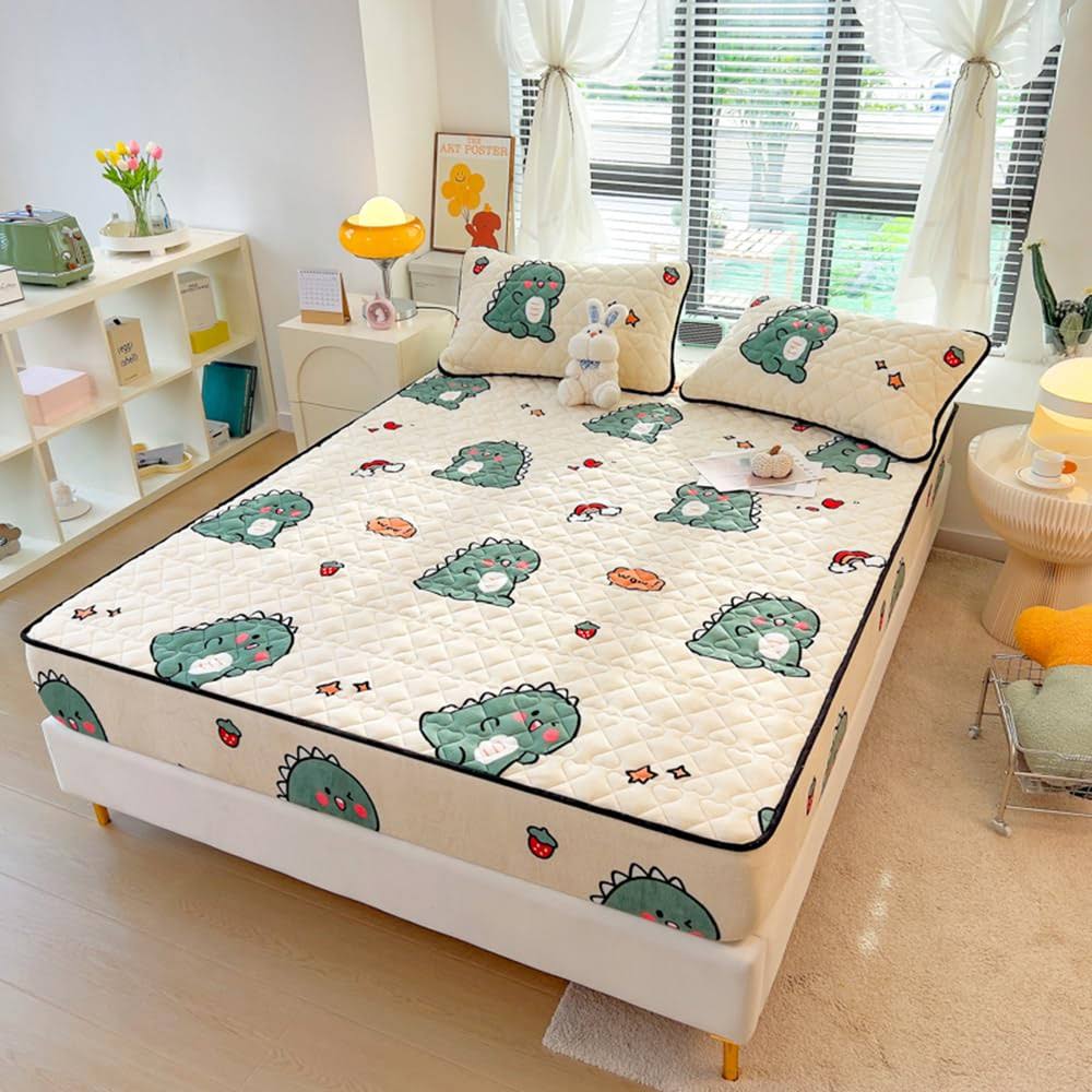 Pangzi Velvet Fitted Sheet King size, Dinosaur Flannel Quilt Fitted Bed Sheet Bottom Sheet,Mattress Protector Cover Suitable for Fall W