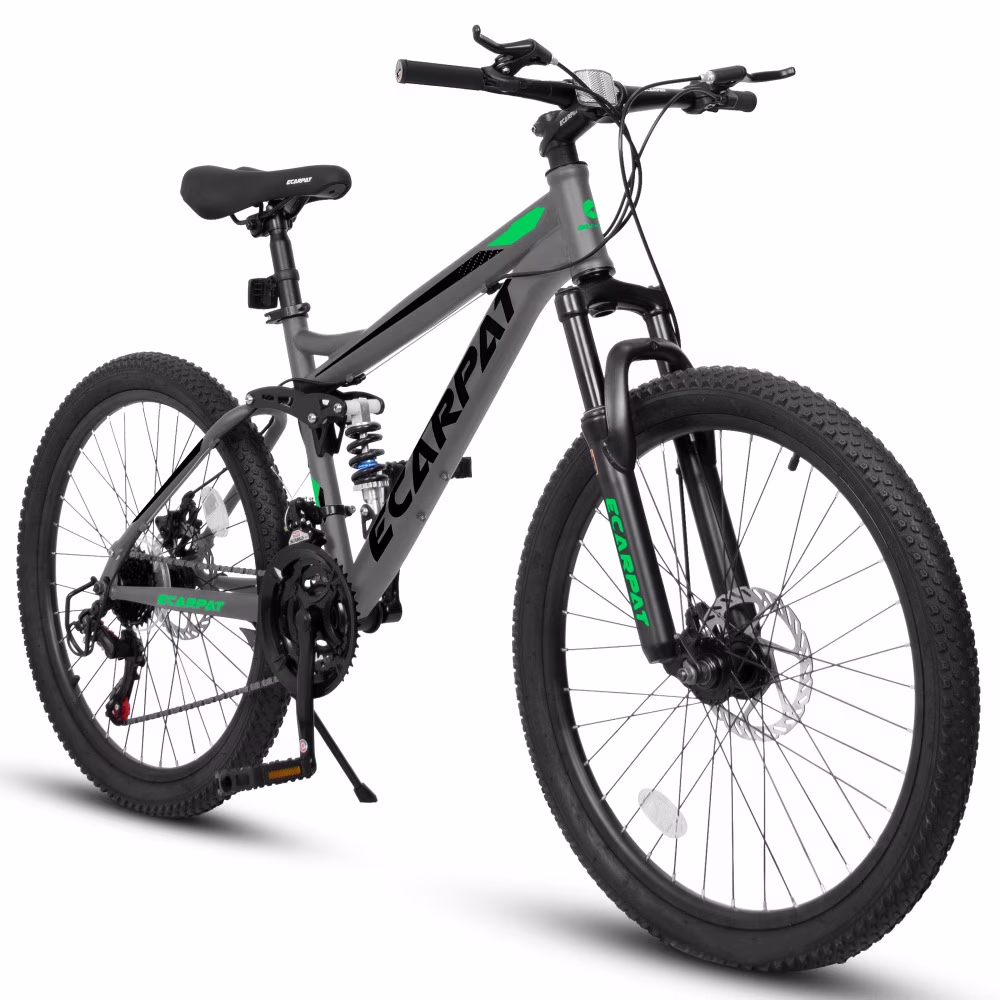 ? Mountain Bike 26 Inch Wheels, 21 Speed Full Suspension Mens Womens Trail Commuter City Mountain Bike, Carbon Steel Frame Disc Brakes Thumb Shifter Front Fork Rear Shock Absorber Bicycles(Green)