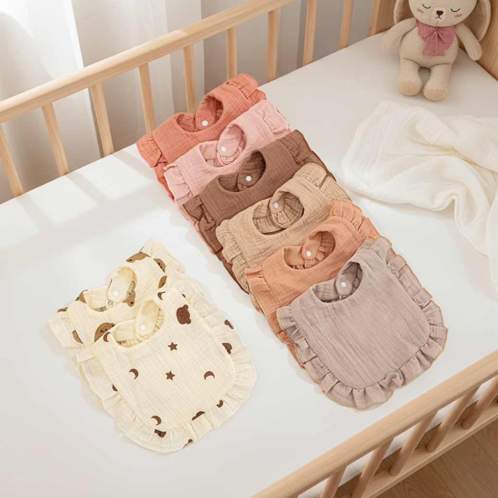 Luxury 6-Layer Eco-Friendly Cotton Muslin Baby Bibs Floral Lace Trim Printed Soft Saliva Towel for Infants