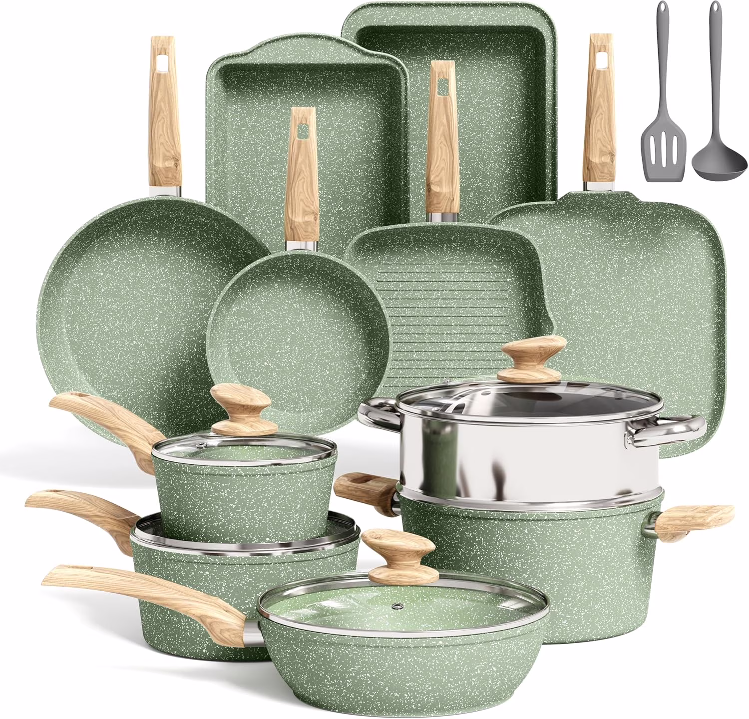 17 Pieces Induction Cookware Set with Griddle, Green Granite Pots and Pans Set Non Stick, Healthy Nonstick Cooking Pans Set(17 PCS Cookware Set/Green)