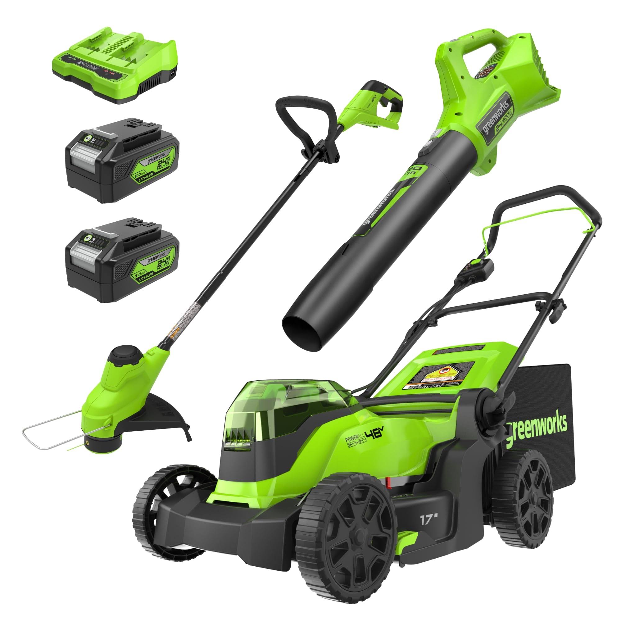 greenworkstools-48V (2 x 24V) 17-inch Cordless Lawn Mower, Leaf Blower & String Trimmer | Greenworks