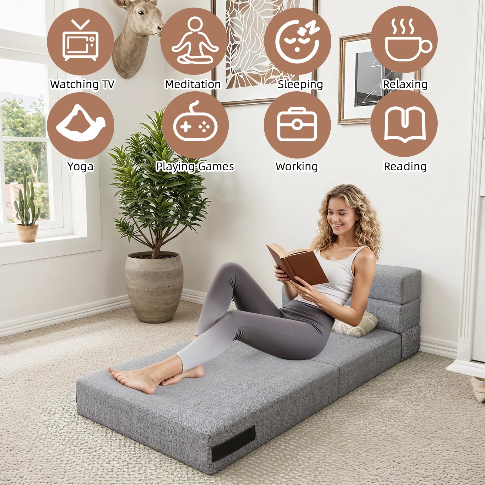 AECOJOY Convertible Folding Sofa Bed, Linen Futon Sleeper with Pillow Foldable Mattress