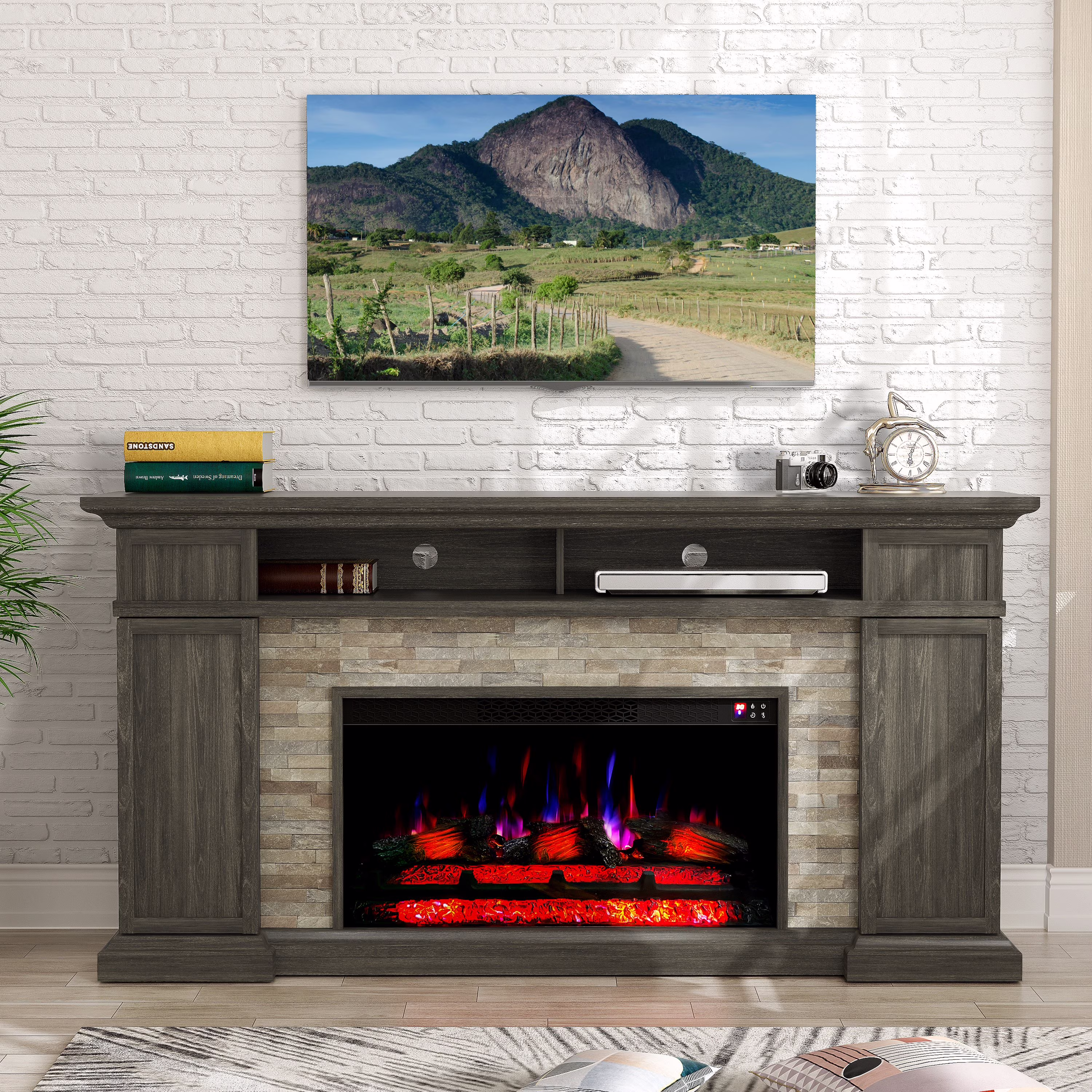 FESTIVO 70" Extra-Wide Freestanding Electric Fireplace - Dark Brown(Dark Brown)
