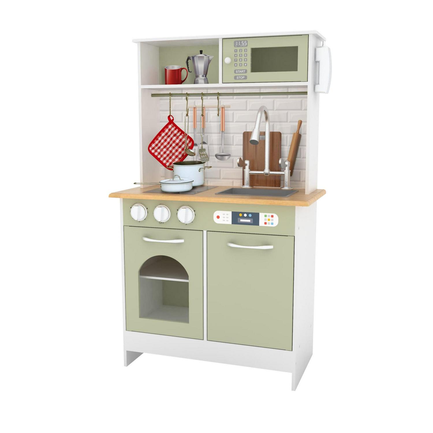 Little Chef Boston Modern Kitchen Playset. 9 Pcs Acc Set. Oven. Microwave. Burner. Sink. White/Green