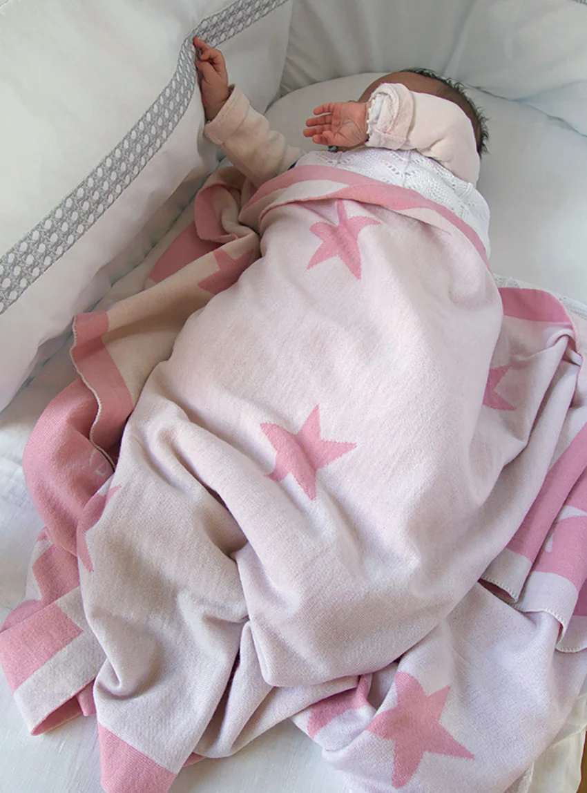 Plaid bébé étoiles 100% laine rose poudre
