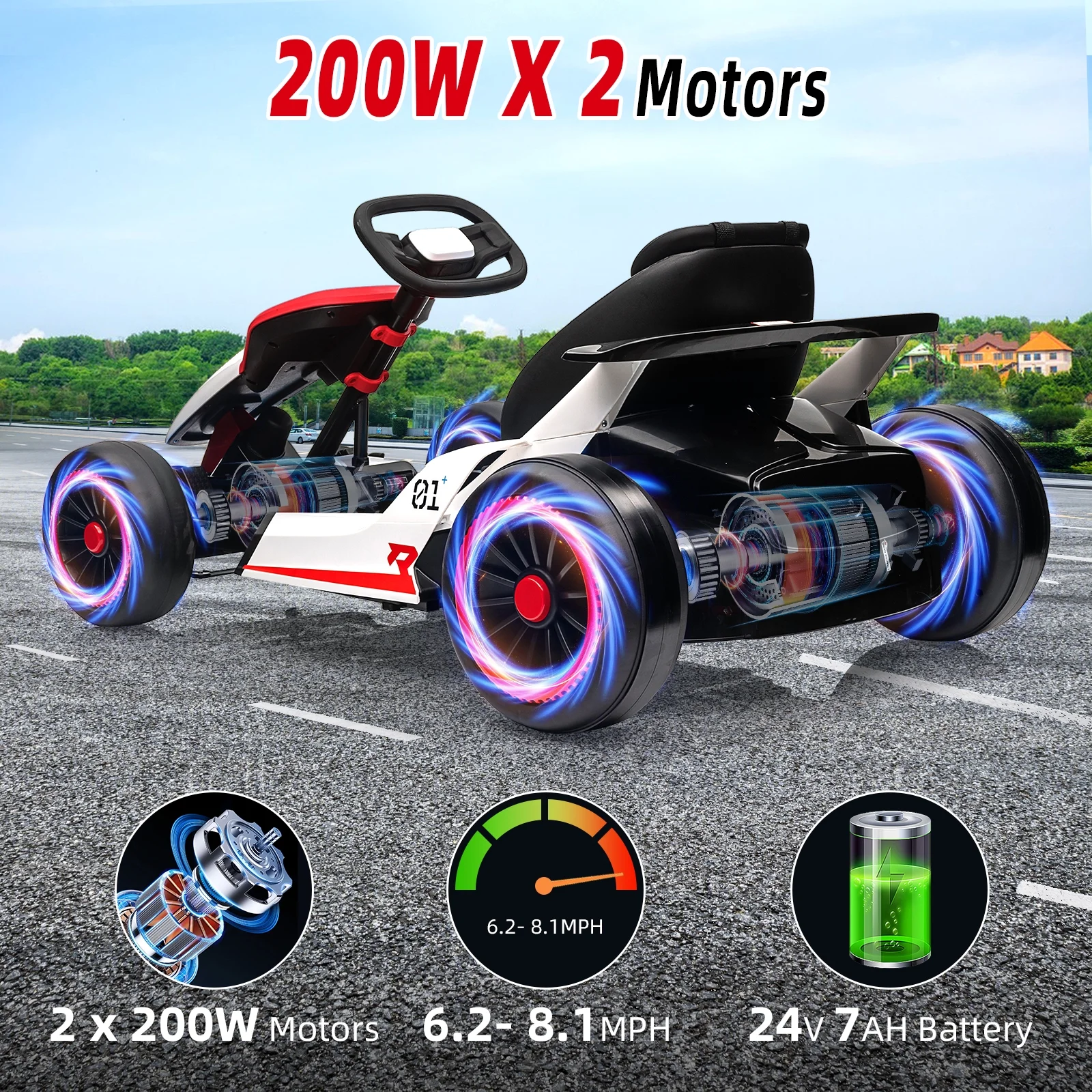 24V Drift Kart with 2X150W Strong Motor, 7AH Big Battery, Electric Pedals, Electric Go Kart Outdoor Race Toy(49.2" x 29.5" x 21.6"/Red) - Image 5