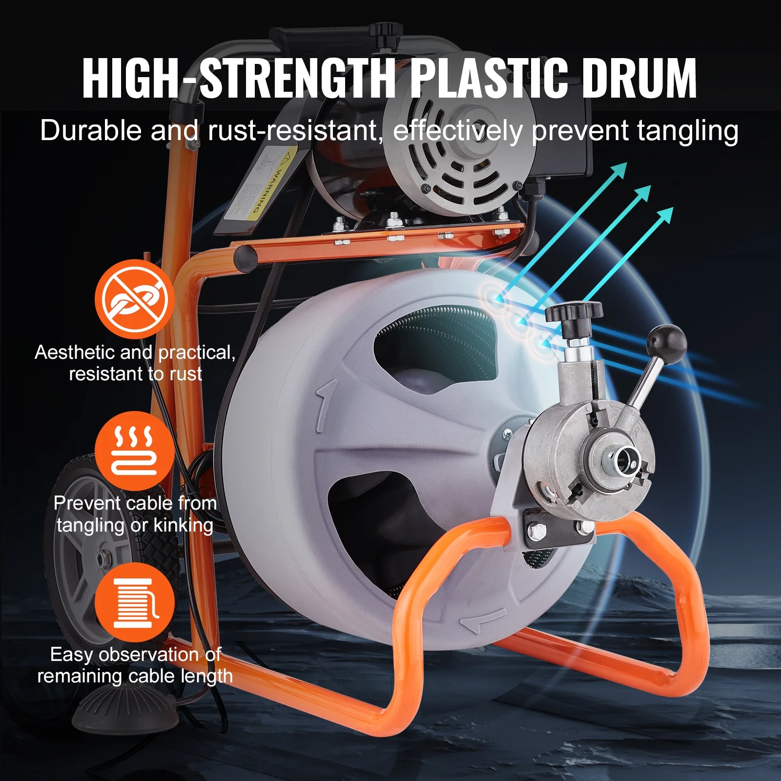 VEVOR Drain Cleaner Machine 100FT x 3/8 in, Auto Feed Sewer Snake Drain Auger on Wheels, Portable Drain Cleaning Machine with 8 Cutters & Air - Activated Foot Switch for 2