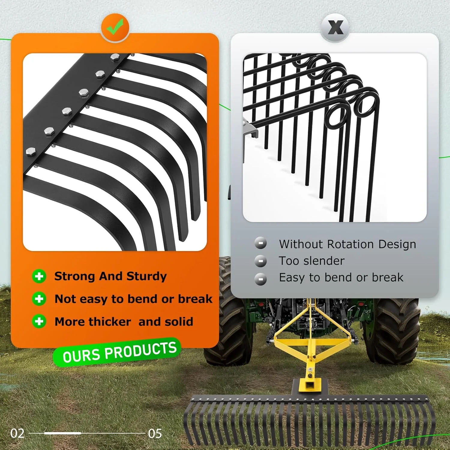 60In Landscape Rake 3 Point Rake 360 Degree Rotation Compatible with Category 1 Cat1 Compact Tractors Tow-Behind Garden Tool for Garden Farm Clearing Brush Raking Arenas 2 Package Yellow - Image 3