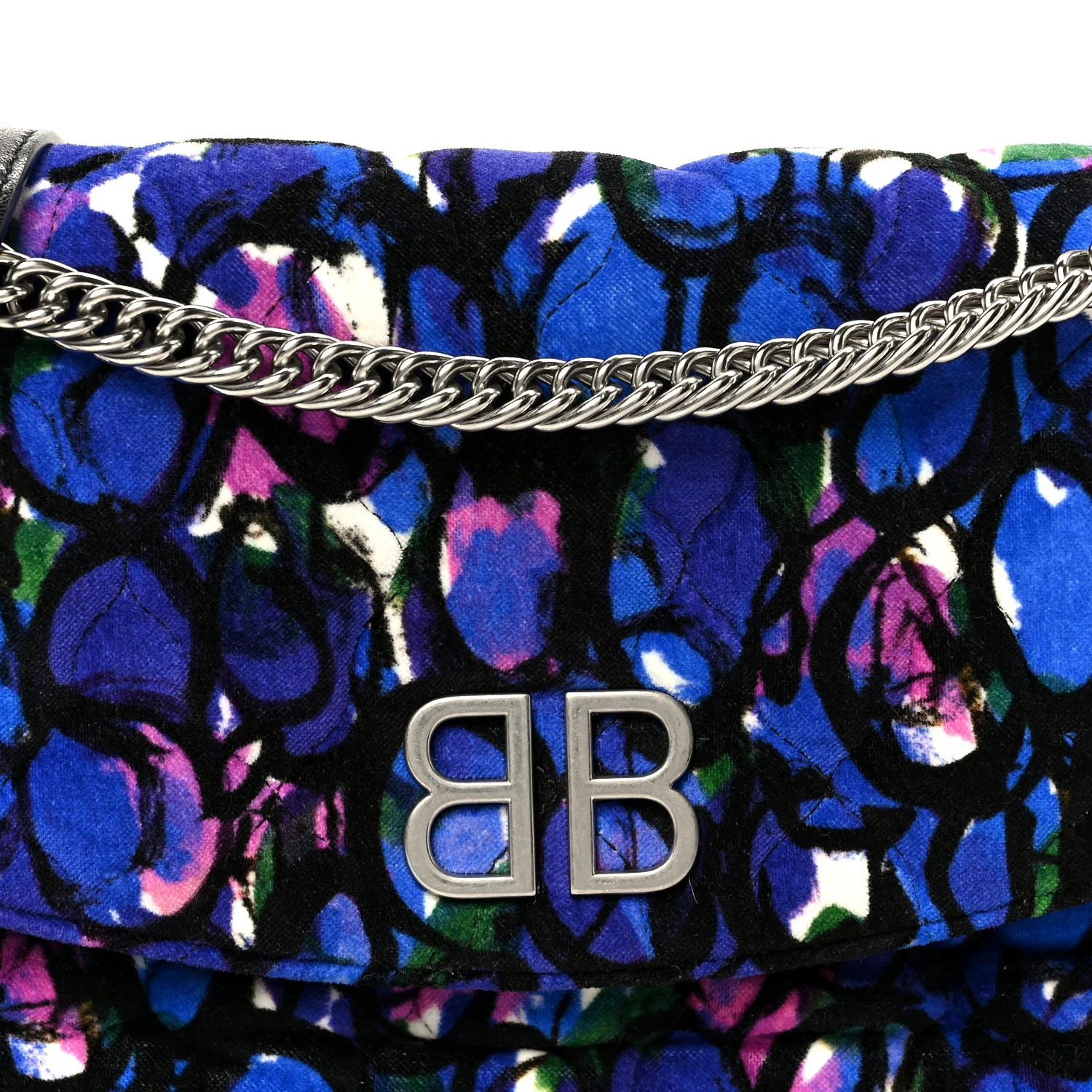 Velvet Floral Quilted M BB Round Shoulder Bag Bleu