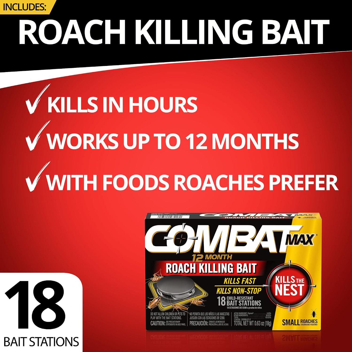 Combat Max 12 Month Roach Killing Bait, Small Roaches, Kill Nest, 18 Count| Child-resistant, fast-acting fipronil formula, nest destroyer, mess-free, no vapor, fumes or odor, kills entire infestation