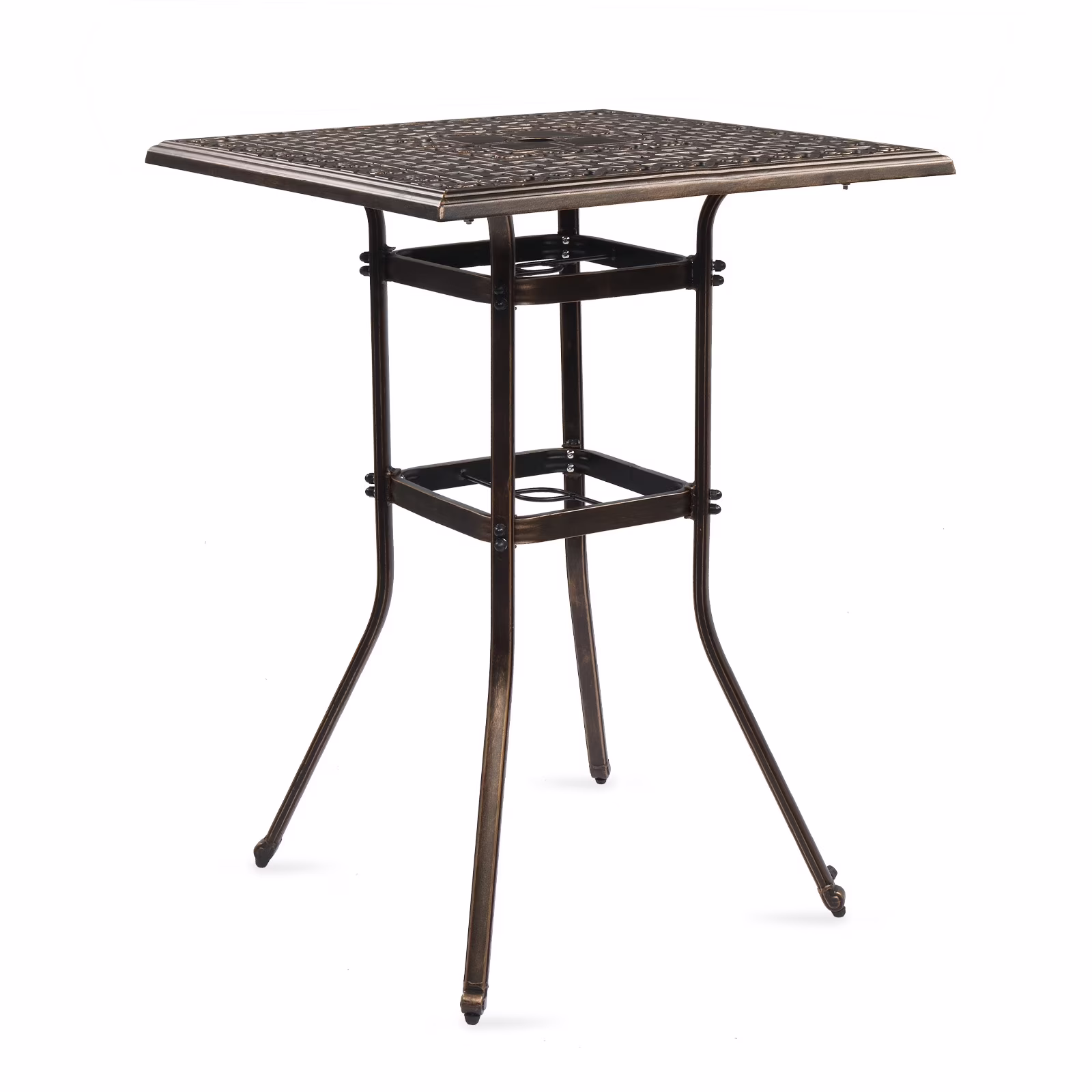 Ktaxon 31.5 Patio Bar Height Table, All-Weather Cast Aluminium Square Bar Bistro Table with 2 Umbrella Hole, Outdoor Tall Table for Porch Balcony Backyard Garden, Antique Bronze