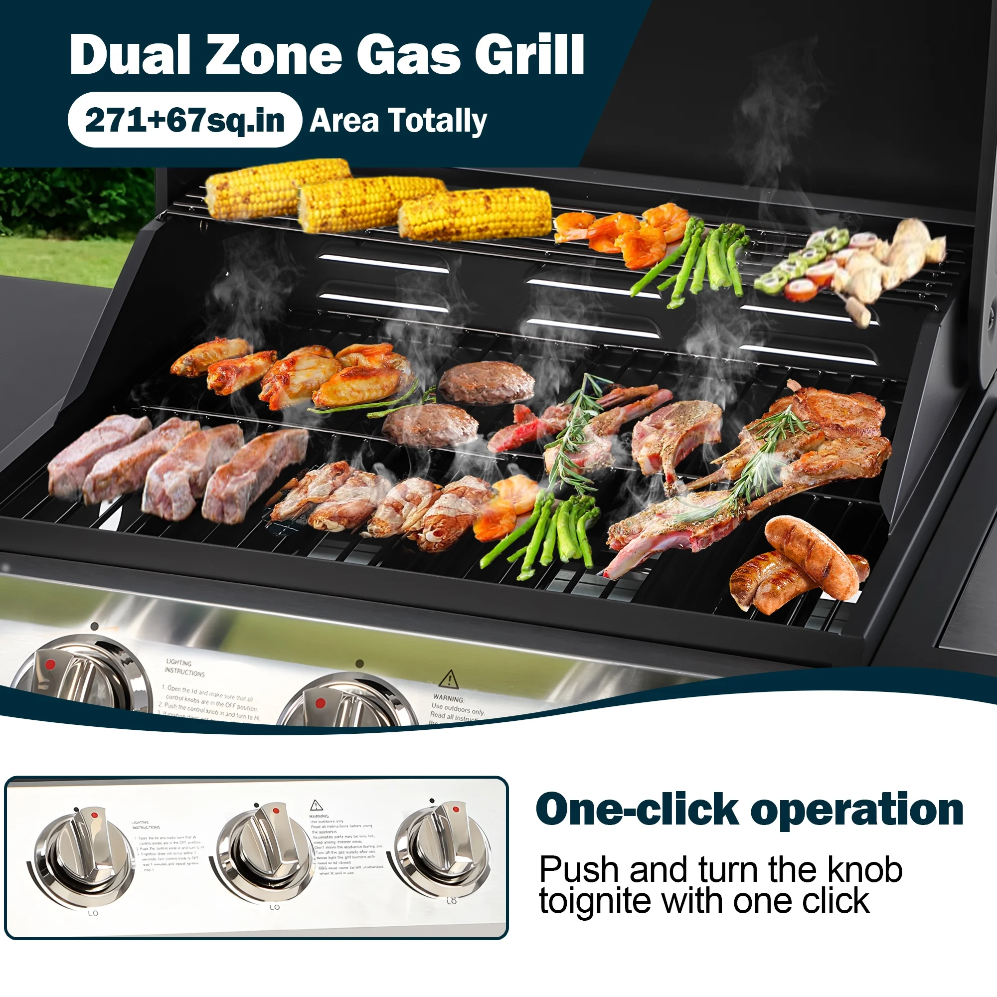 BBQ Grill, Seizeen Gas Grill with Side Burner, 40, 000BTU 3 - Burner Propane Grill W/Storage Cabinet, Steel Brush, Stainless Steel Camping for Backyard Patio, Portable Design on Wheels