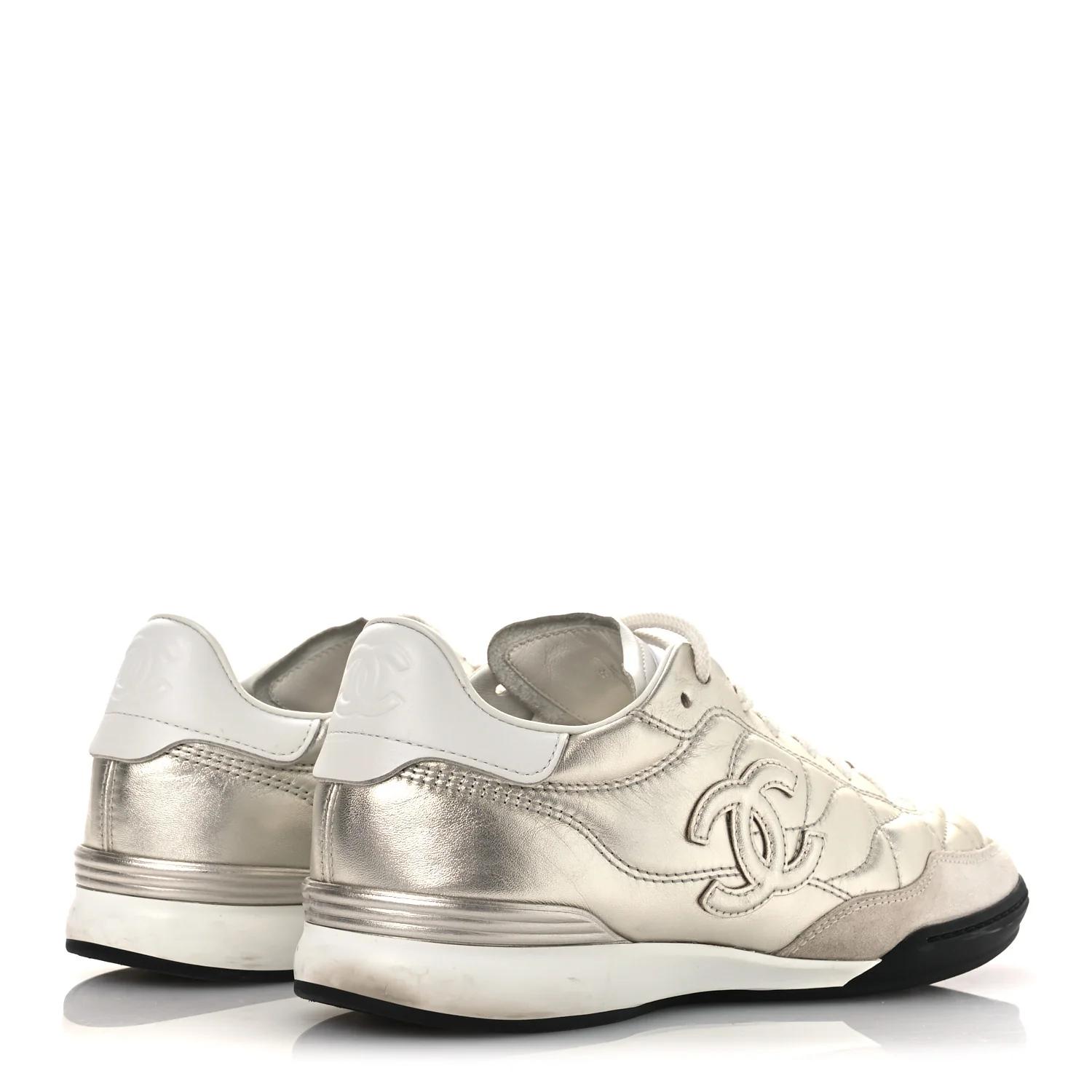 Laminated Calfskin Suede Quilted Womens CC Sneakers 39 Silver White
