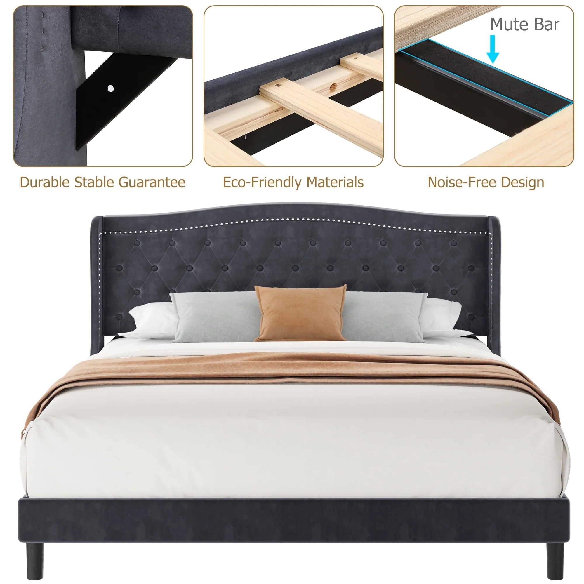 Homfa King Size Bed Frame, 6.3" H Modern Bed Frame with Wing-Back Button Tufted Upholstered Headboard Solid Wood Slats for Bedroom, Dark Gray(Full/Beige)