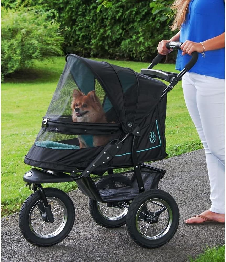 No-Zip NV Haustier-Buggy für Katzen/Hunde, Einstieg ohne Reißverschluss, einfaches Zusammenklappen mit einer Hand, Reifen mit Gelfüllung, Plüschpolster + Wetterschutz inklusive, 3 Farben