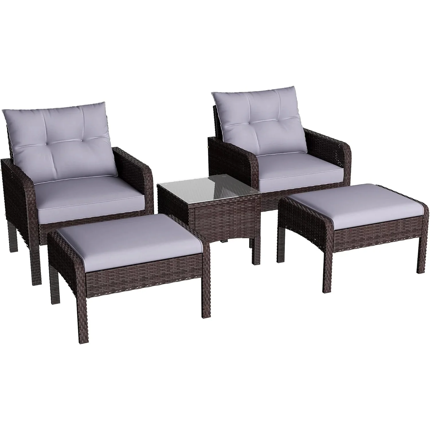AECOJOY Outdoor 5 Pieces Patio Furniture Set, PE Rattan Wicker Chairs with Ottoman and Table, Brown/Grey