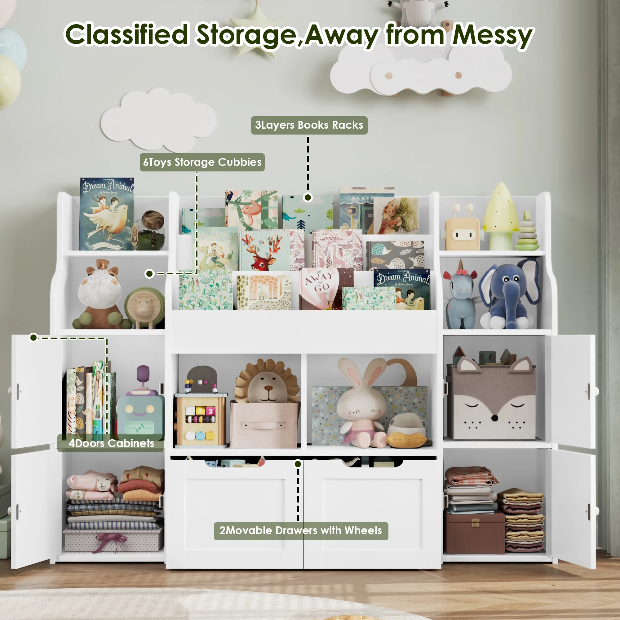 4 Doors Kids Bookcase with 3 Tier Book Racks 2 Mobile Drawers, 4 Cube Bookshelves Toy Storage Organizer for Playroom Kids Room, White(White) - Image 8