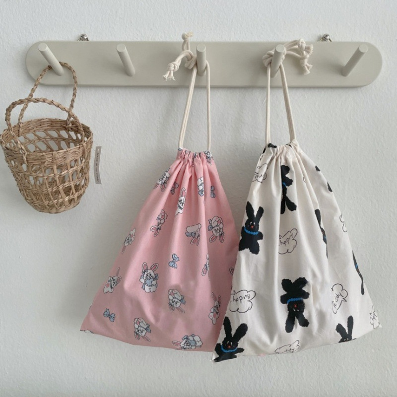 Cute Rabbit Print Baby Diaper Bag Soft Cotton Drawstring Pouch Reusable Travel Storage Bag for Newborn Diapers