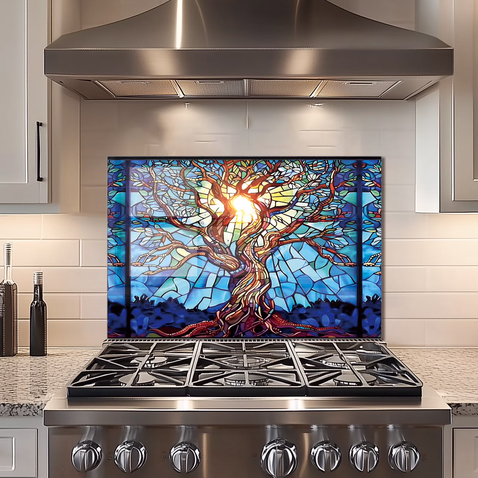 Mosaic Tree of Life Tempered Glass Backsplash For Kitchen Behind Stove,Stove Back Top Cover,Easy to Clean Glass Splashback, Sink Cover Splash Guard,Home Kitchen Wall Decor(30"x18"(76.2x45.72cm))