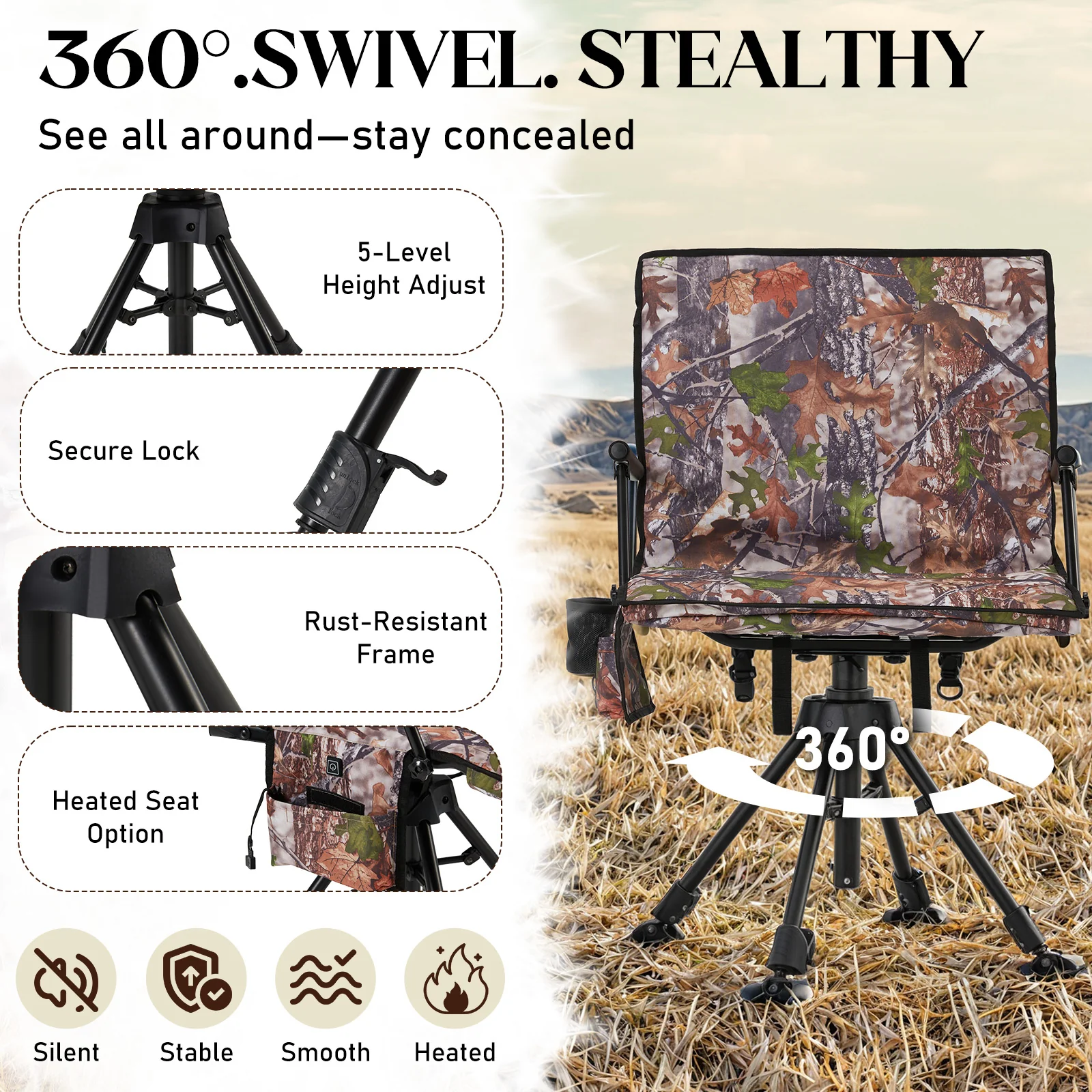 AECOJOY Heated Hunting Blind Chair, 360°Silent Swivel, Integrated Warm Seat System