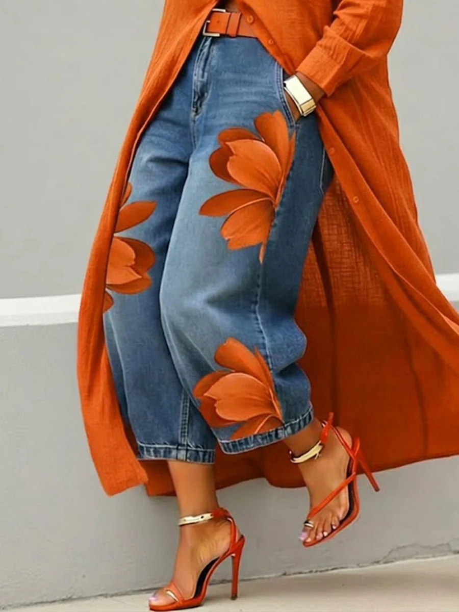 Jean en denim à imprimé artistique décontracté