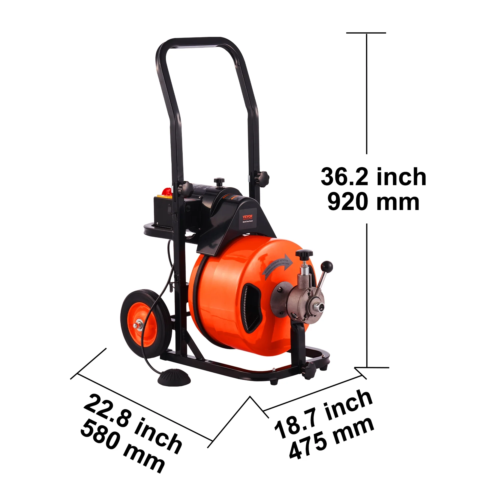 Drain Cleaner Machine 100 FT x 1/2 Inch, Sewer Auger Auto Feed with 4 Cutter Air-activated Foot Switch for 1" to 4" Pipes, Orange, Black - Image 8