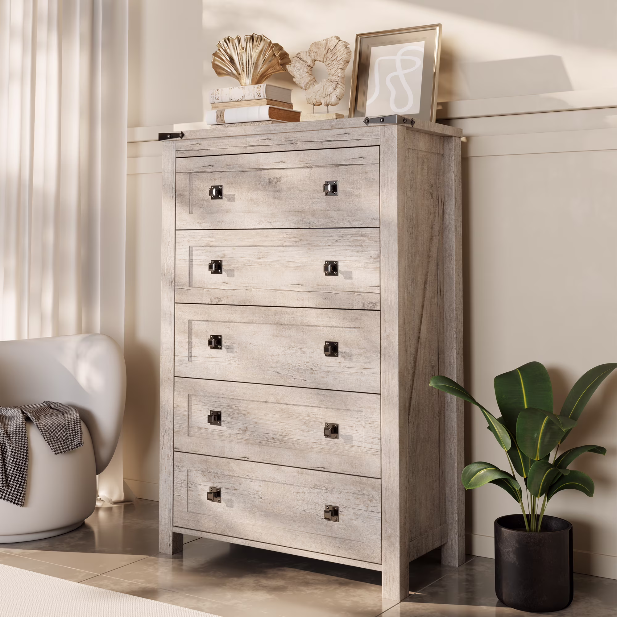 Farmhouse 5 Drawer Dresser for Bedroom, Chest of Drawers Wood Organizer for Living Room, Antique White(Antique White) - Image 3