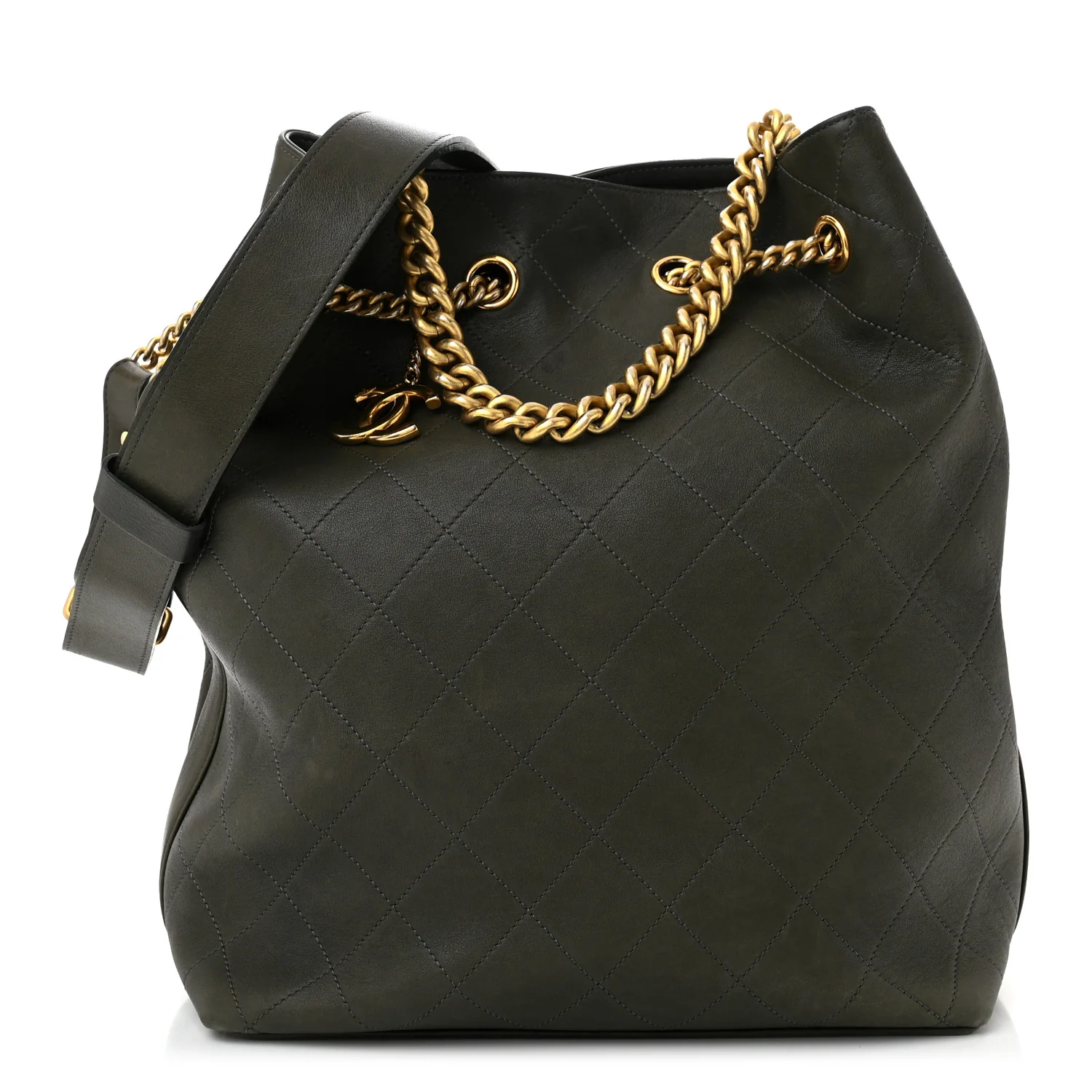 Calfskin Quilted Small On My Shoulder Drawstring Bag Dark Green