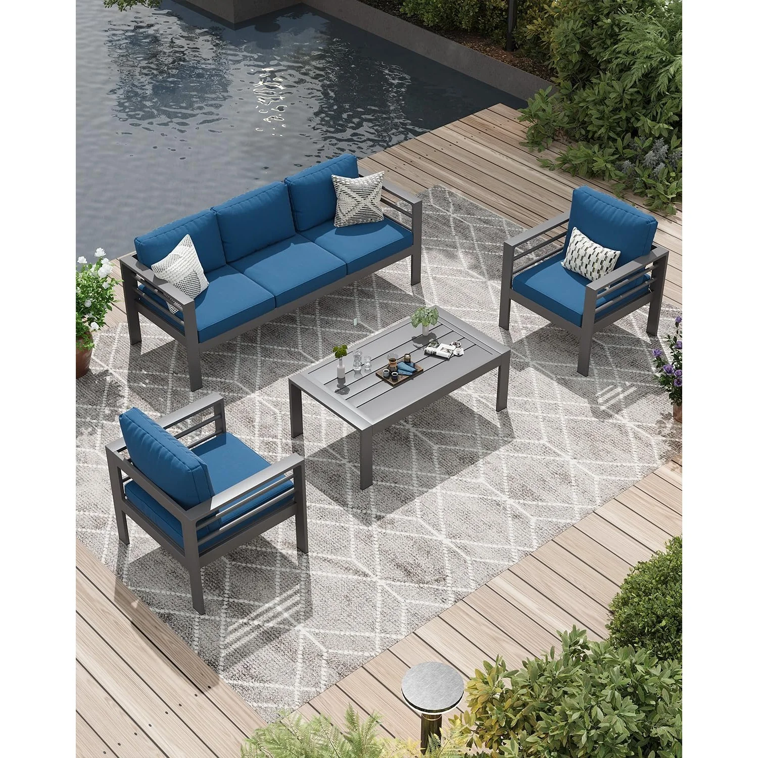 AECOJOY Aluminum Patio Furniture Set, 4 Pieces Outdoor Sectional Sofa Set, Blue