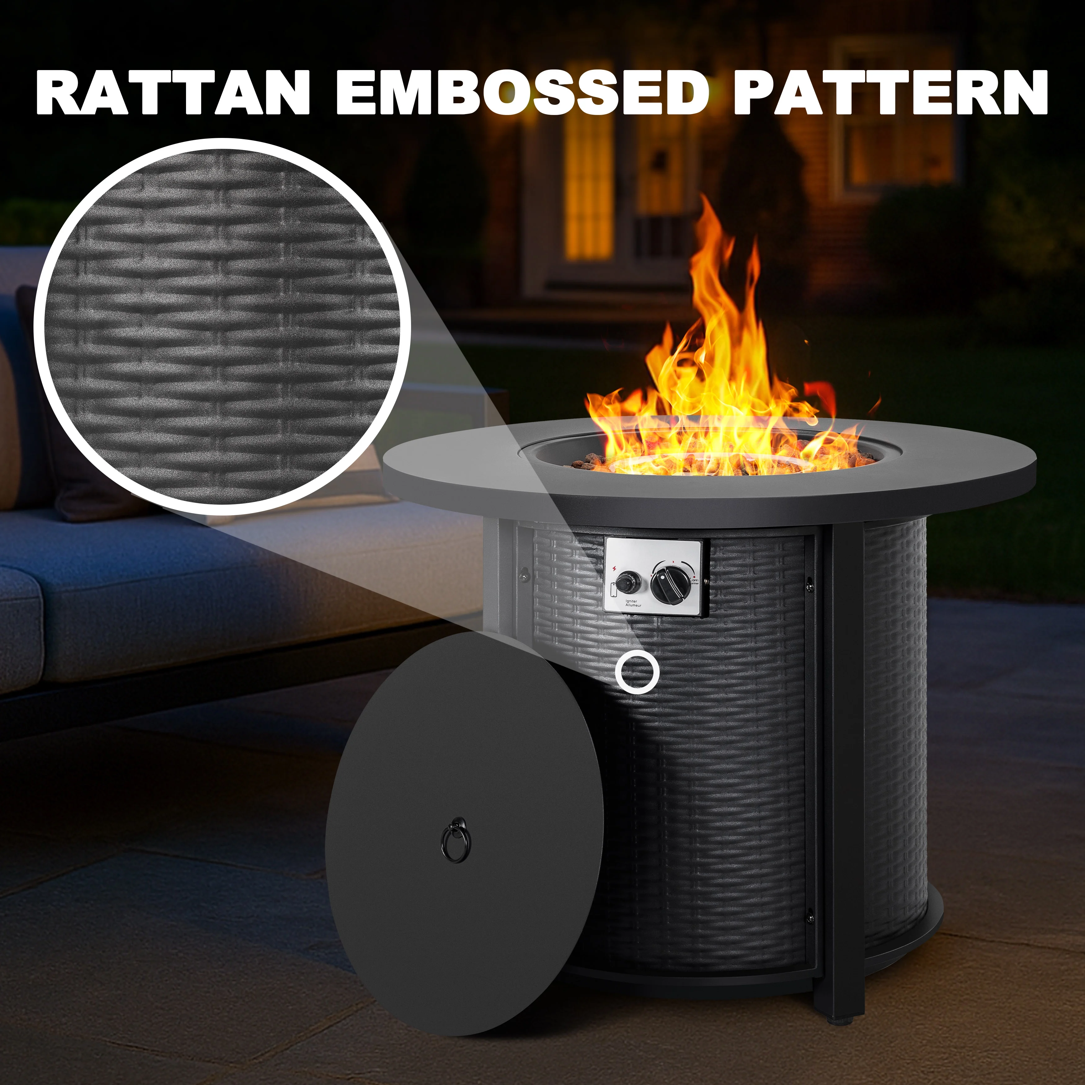 Outdoor Metal 30'' Round Propane Fire Pit Table with Rattan Embossed Pattern, CSA-Certified 2 in 1 Round Gas Fire Pit Table with Lid Lava Rocks, Patio Round Gas Fire Pit, Black - Image 7