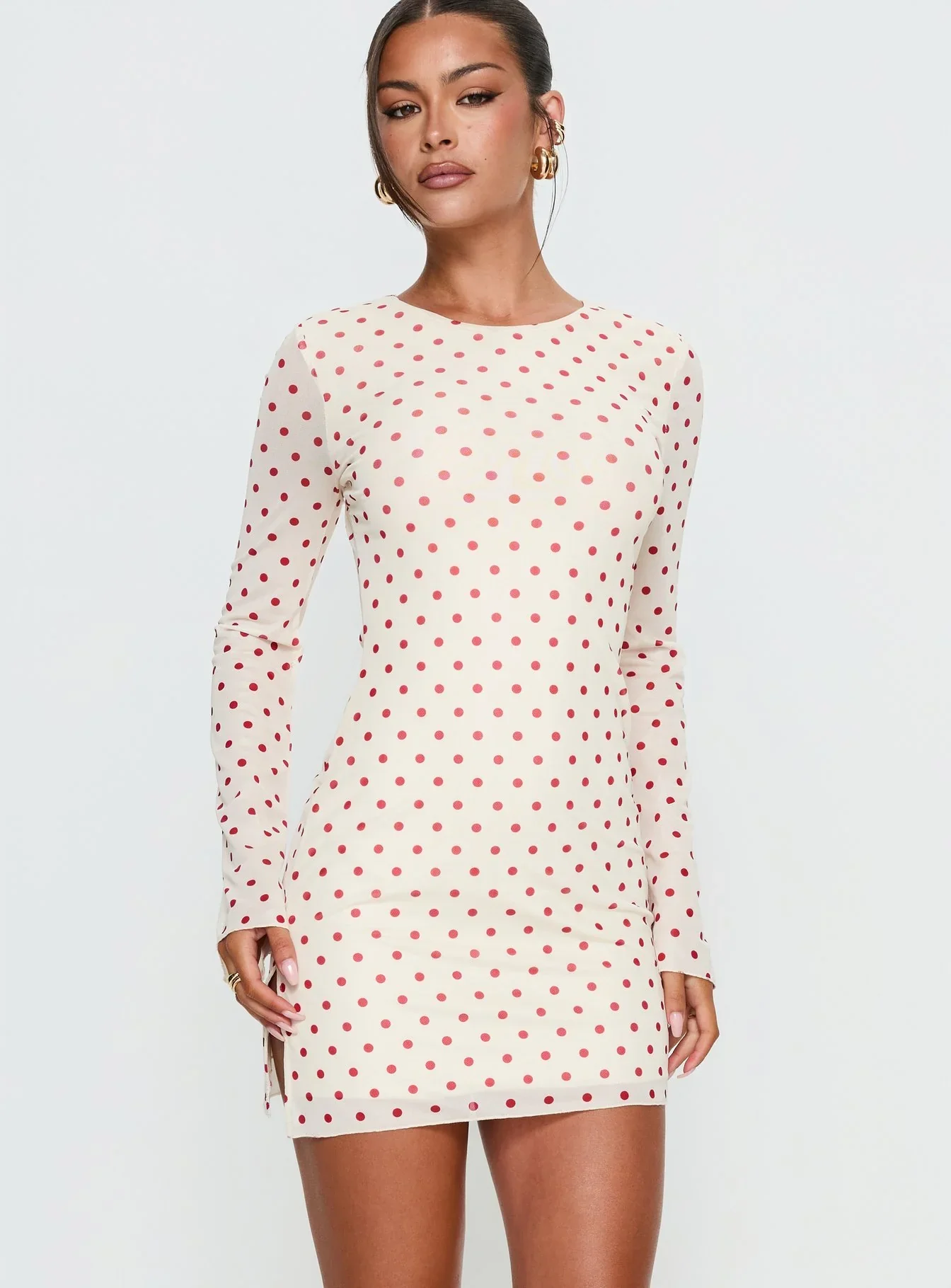 Nyxia Long Sleeve Mini Dress Cream Red Polka