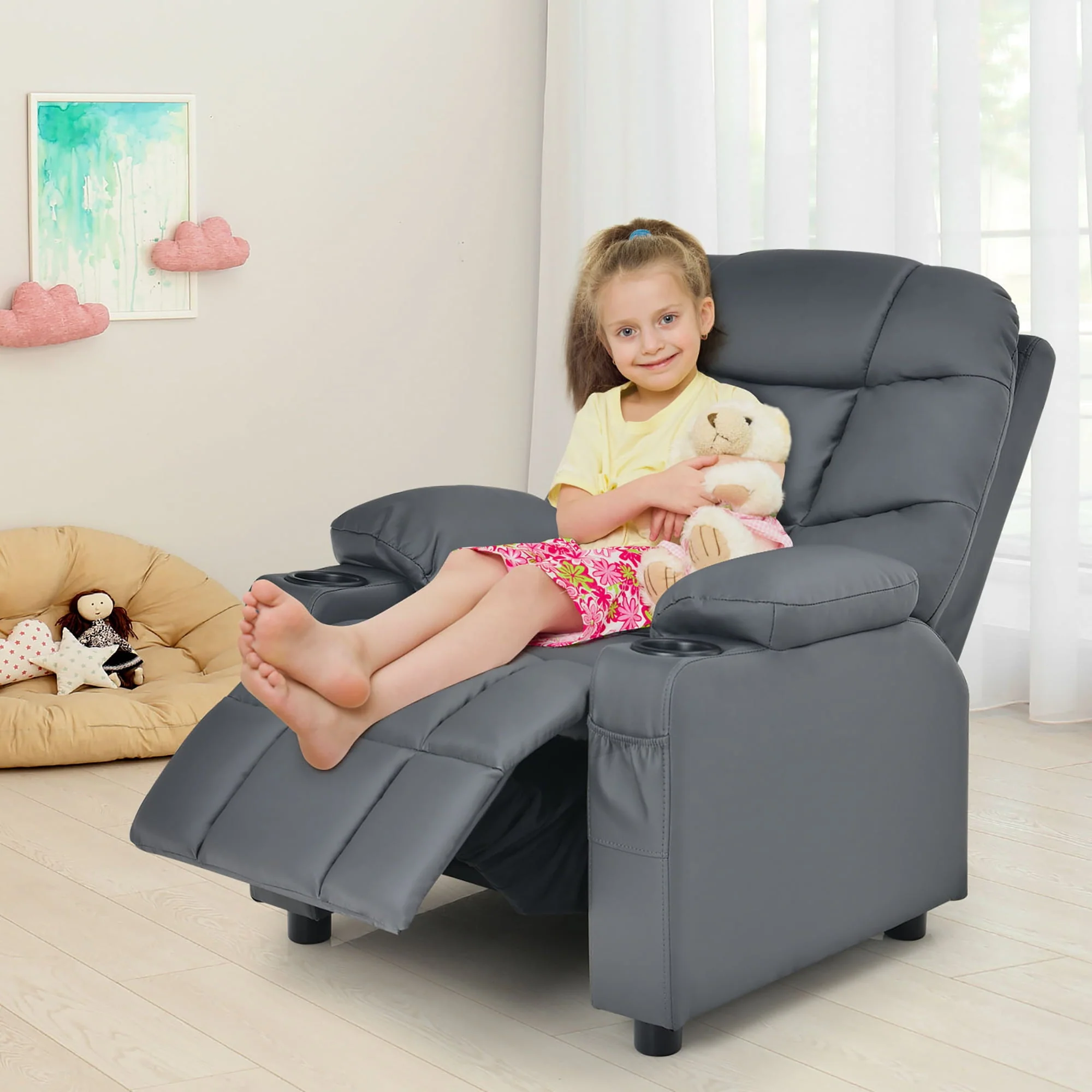 Kids Youth Recliner Chair PU Leather w/Cup Holders Side Pockets Grey(Beige) - Image 7