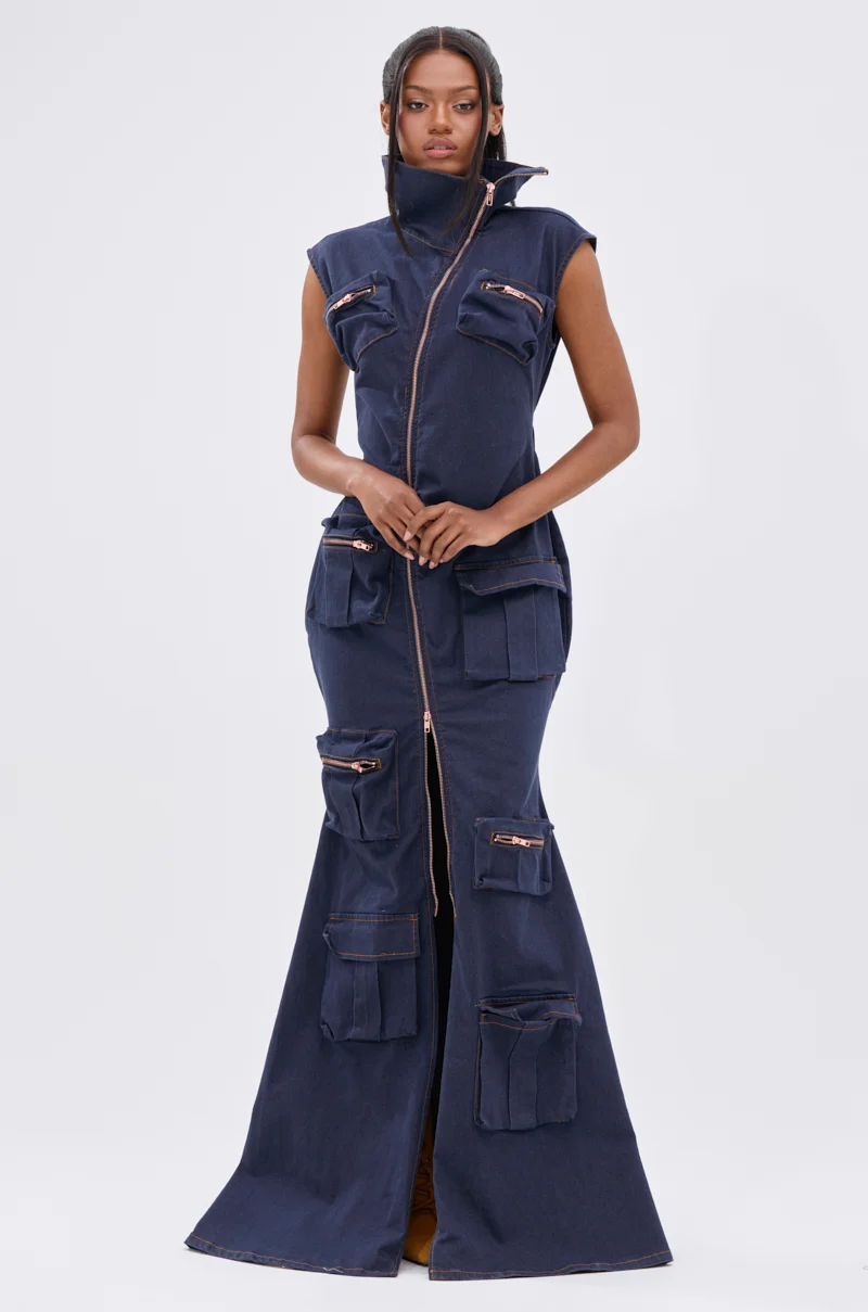 DONT MESS WITH ME COLLARED DENIM MAXI DRESS - Akira Store