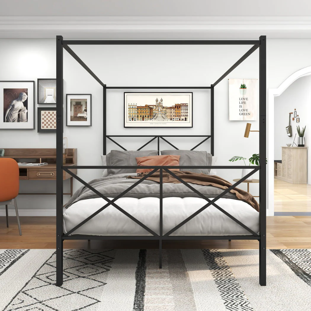 Queen Size Metal Canopy Bed Frame, Four Poster Platform Bed Frame with X Shaped Headboard and Footboard,Bed Mattress Foundation with Sturdy Metal Slat Support Image 3