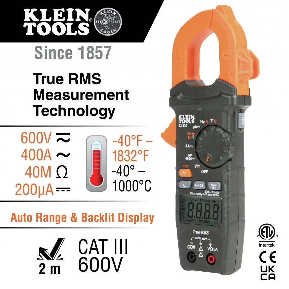 Klein Tools CL320 600V 400 Amp AC Auto-Ranging HVAC Digital Clamp Meter