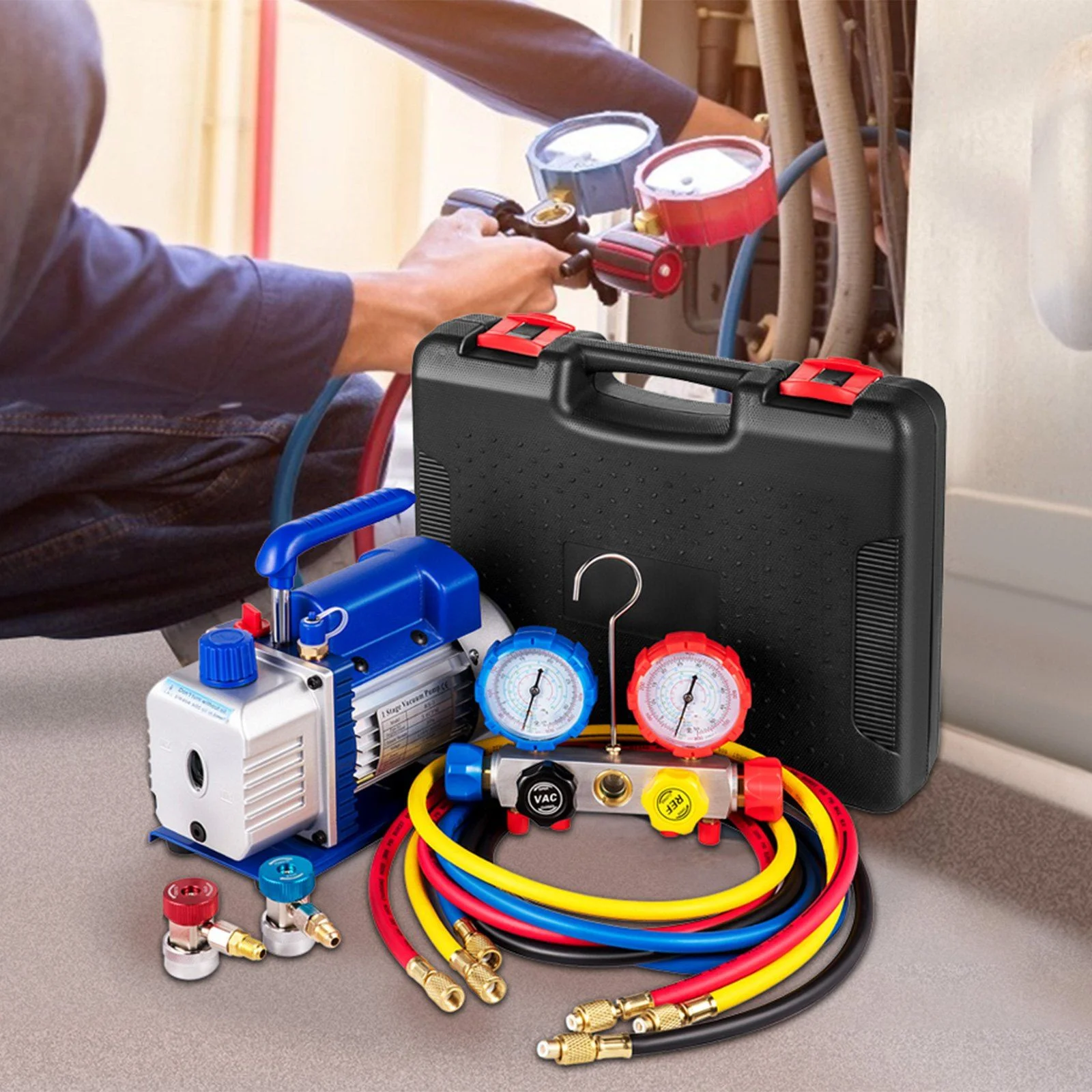 Vacuum Pump 4.8CFM 1/3 HP Single Stage HVAC A/C Refrigeration Kit 5PA Ultimate Vacuum Manifold Gauge Set R410A R134A R22 HVAC AC, 4-Way Manifold Gauge and Hose for Air Conditioning Systems - Image 8