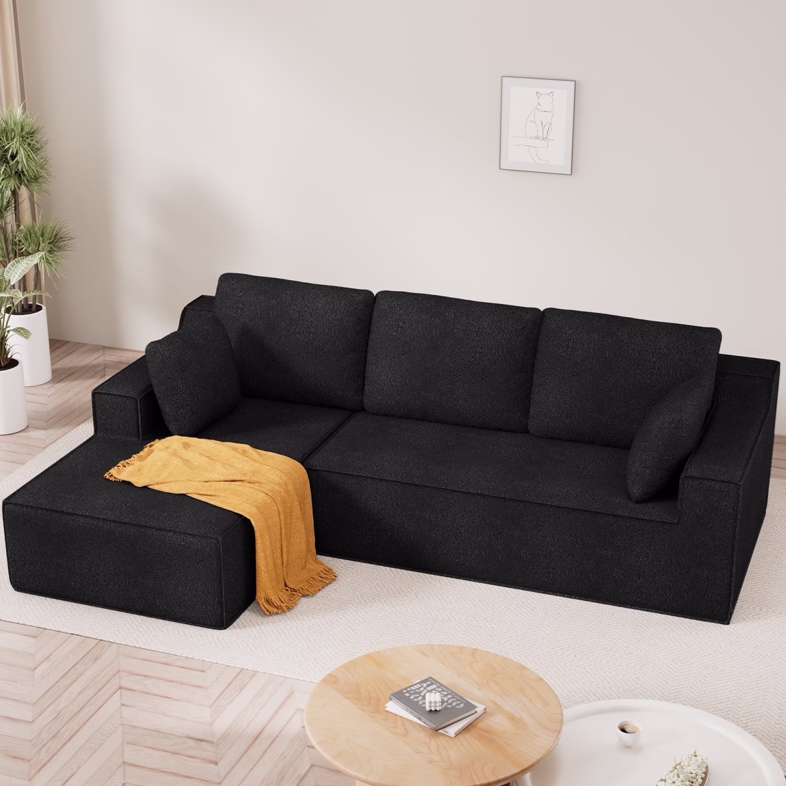 Modular Sectional Sofa for Living Room, 104" L-Shape Boneless Cloud Couch with Oversized Chaise, Right Chaise, Black, 3 Seat, Microfiber Fabric(Black-Microfiber)