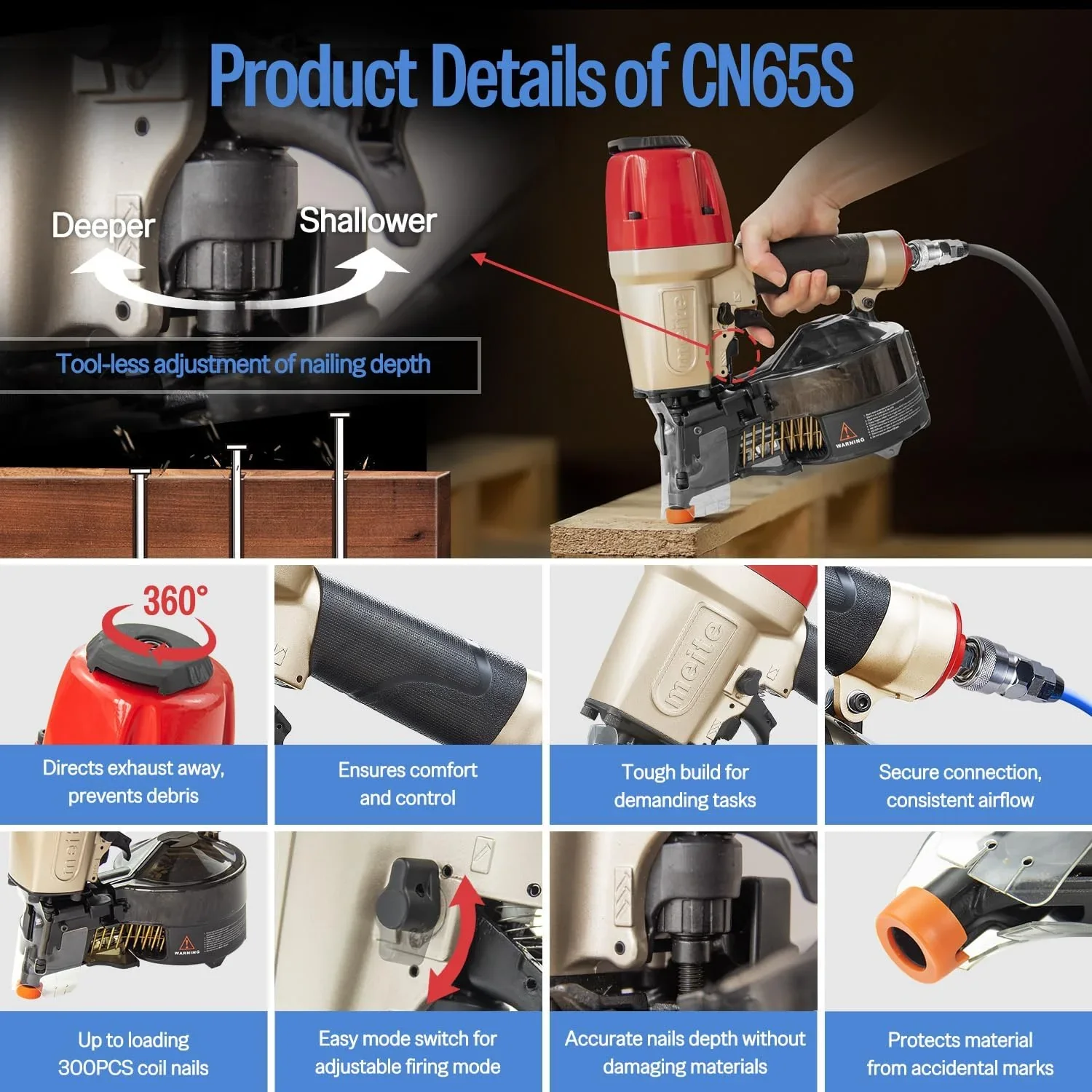 MEITE CN65S Pneumatic Coil Siding Nailer with Safety Nose, 15-16 Degrees 1-1/2 to 2-1/2Coil Nail Gun Lightweight