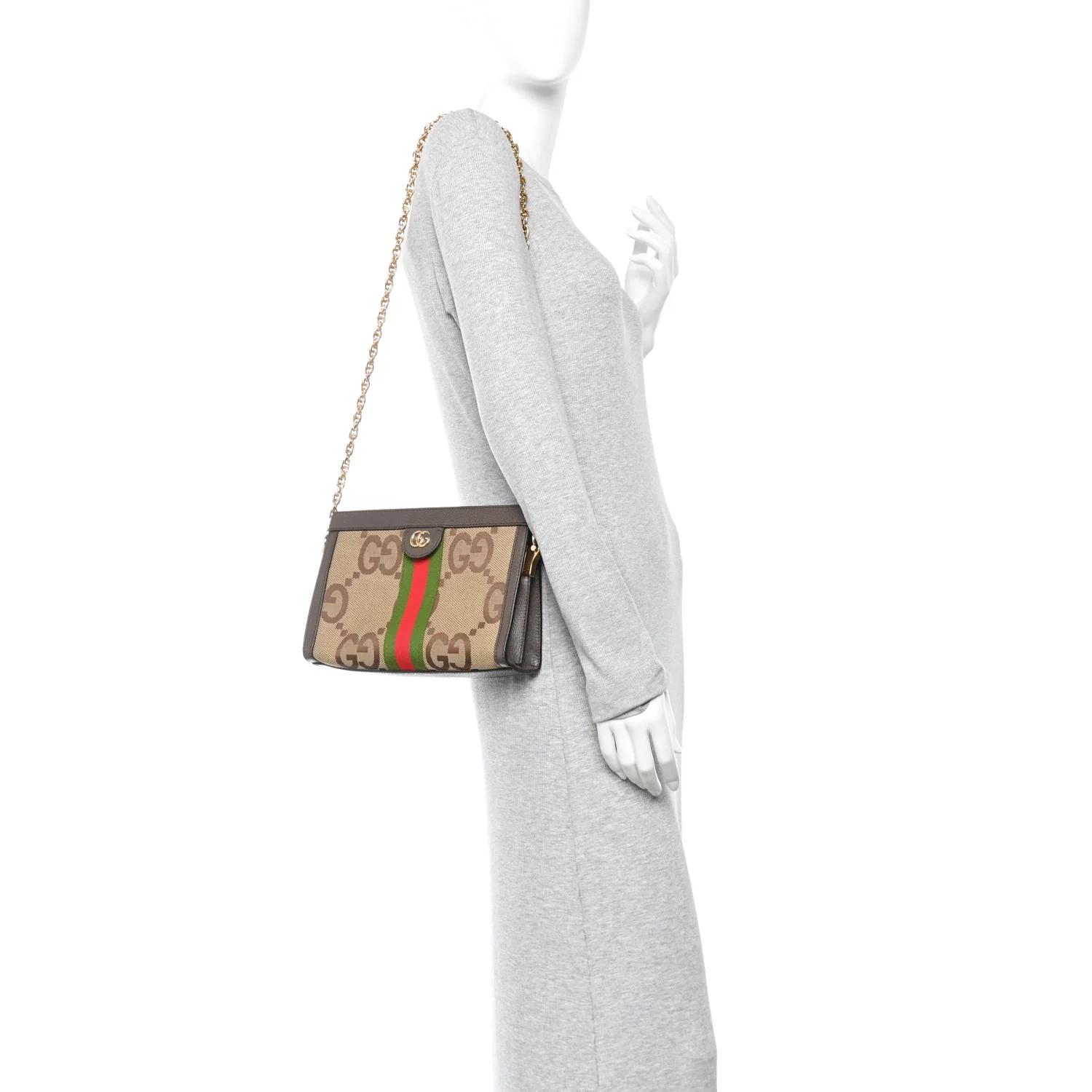 Monogram Jumbo GG Textured Dollar Calfskin Web Small Ophidia Chain Shoulder Bag Camel Ebony New Acero