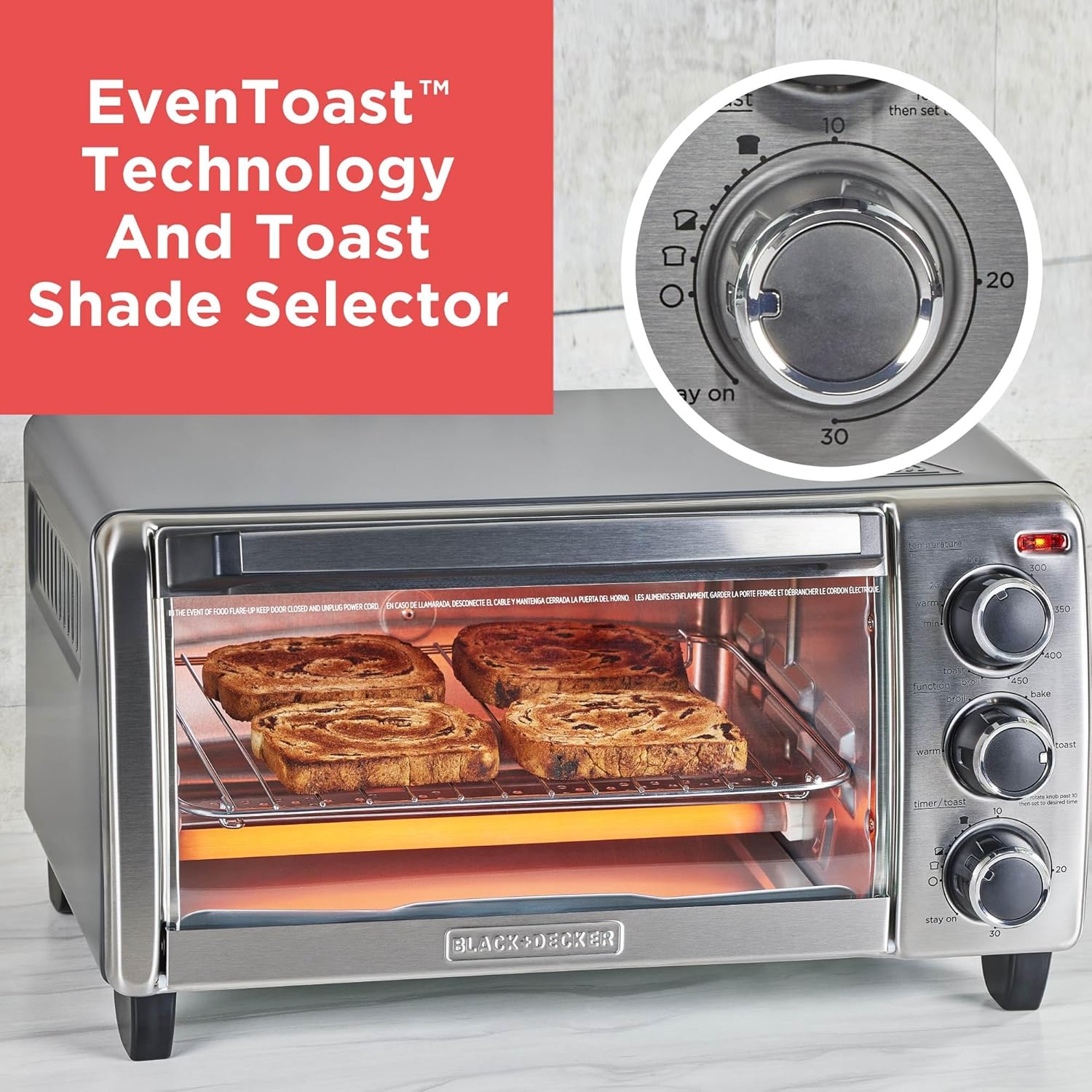 BLACK+DECKER TO1313SBD Toaster Oven, 15.47 Inch, Silver| Compact convection oven fits a 9-inch pizza with timer, stay-on function and removable crumb tray