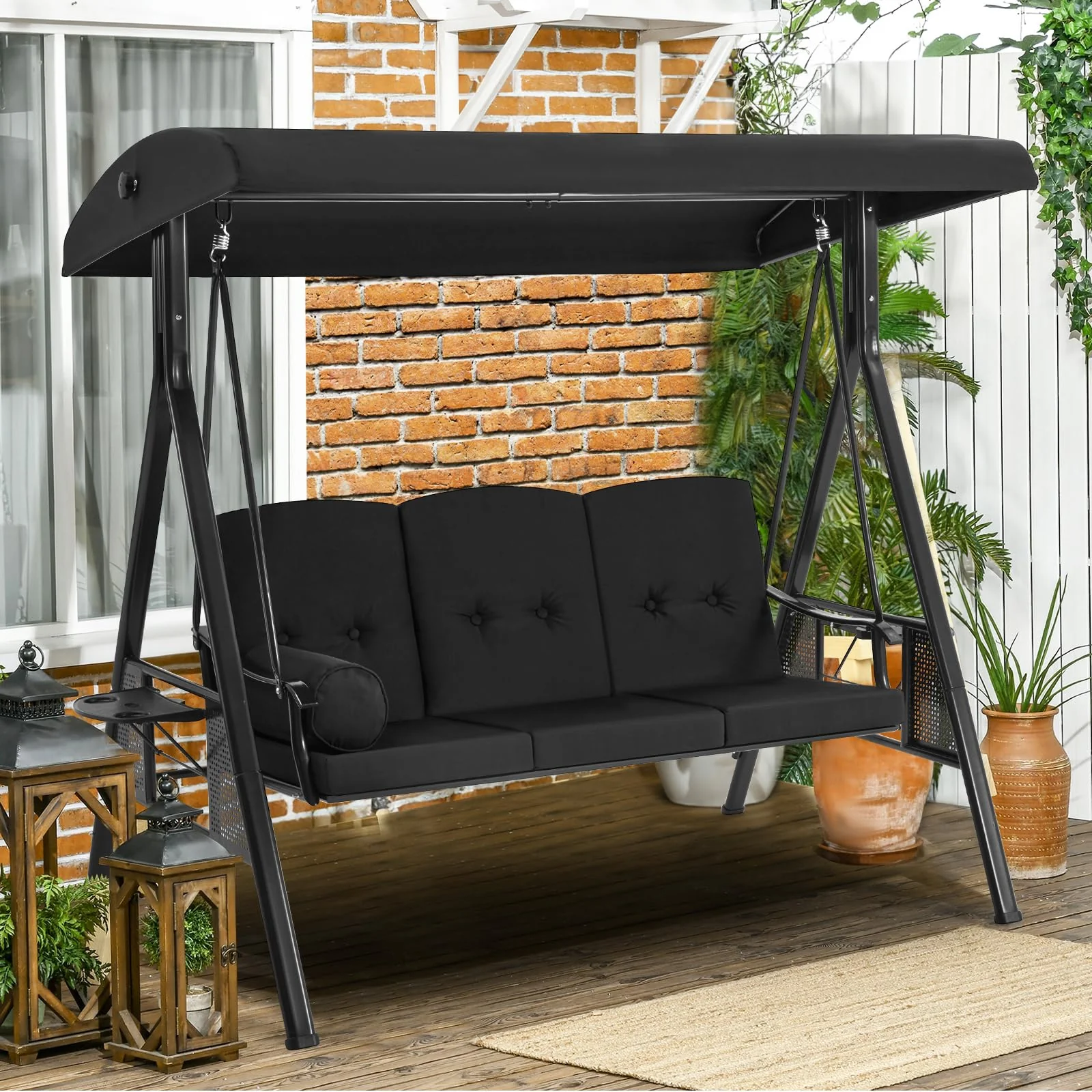 AECOJOY 3-Seat Porch Swings with Adjustable Canopy, Black