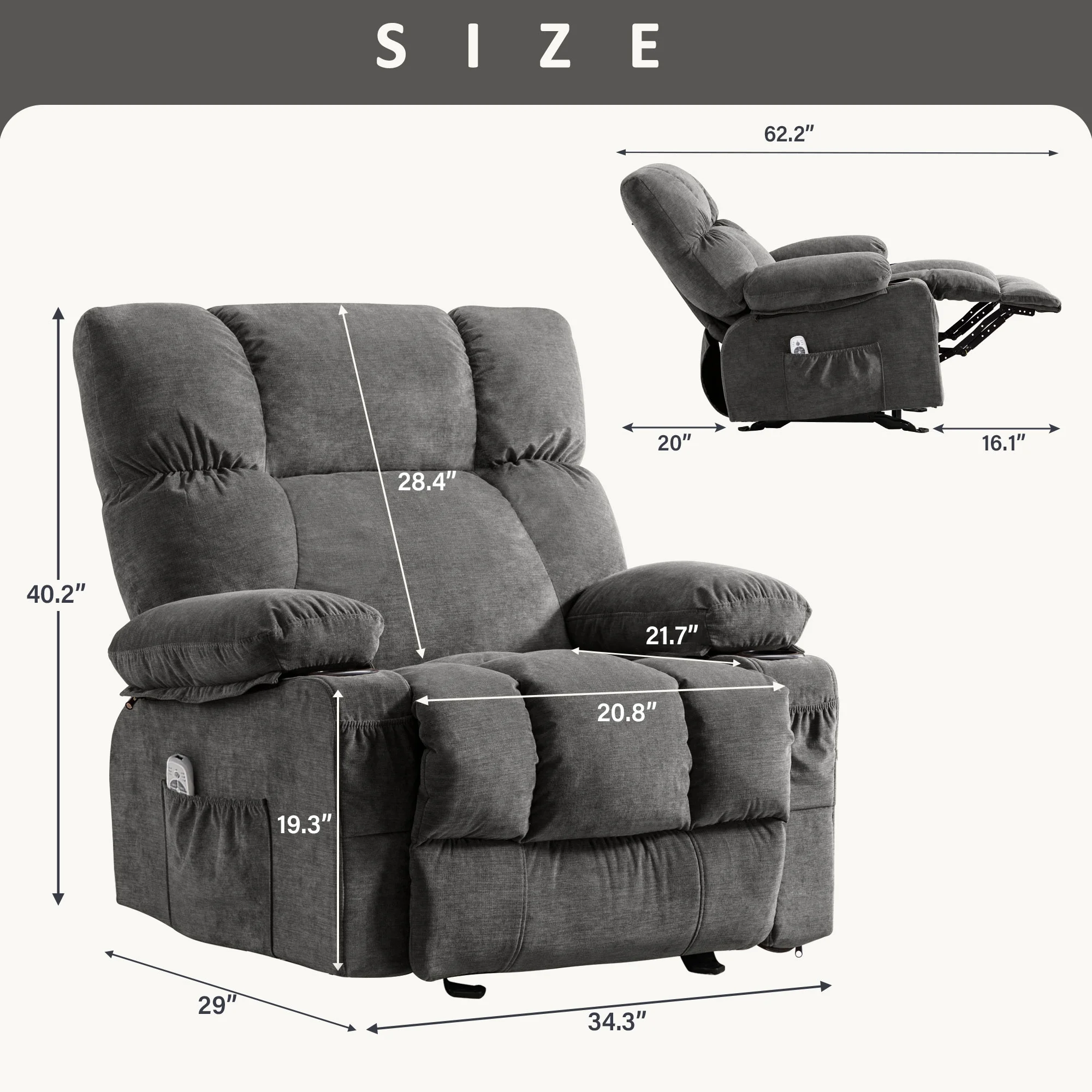 Manual Recliner Chair with Heat Therapy and Massage Function, Heavy Duty Reclining Mechanism Massage Chair, Elderly Single Rocker Sofa with Cup Holders for Bedroom Home Theater,Grey(Regular-Grey) - Image 2