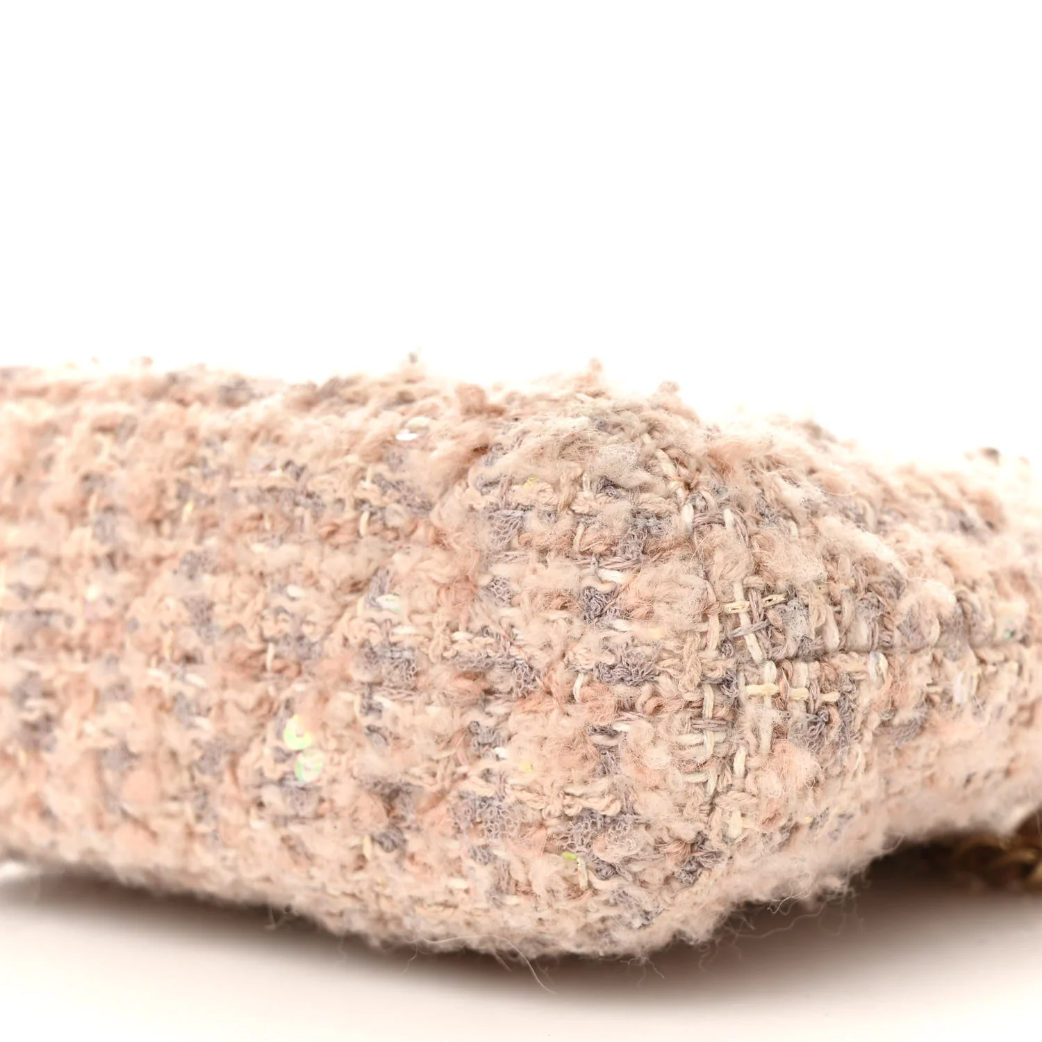 Cotton Wool Tweed Sequin Quilted Shiny Coco Clutch With Chain Light Pink Beige Ecru