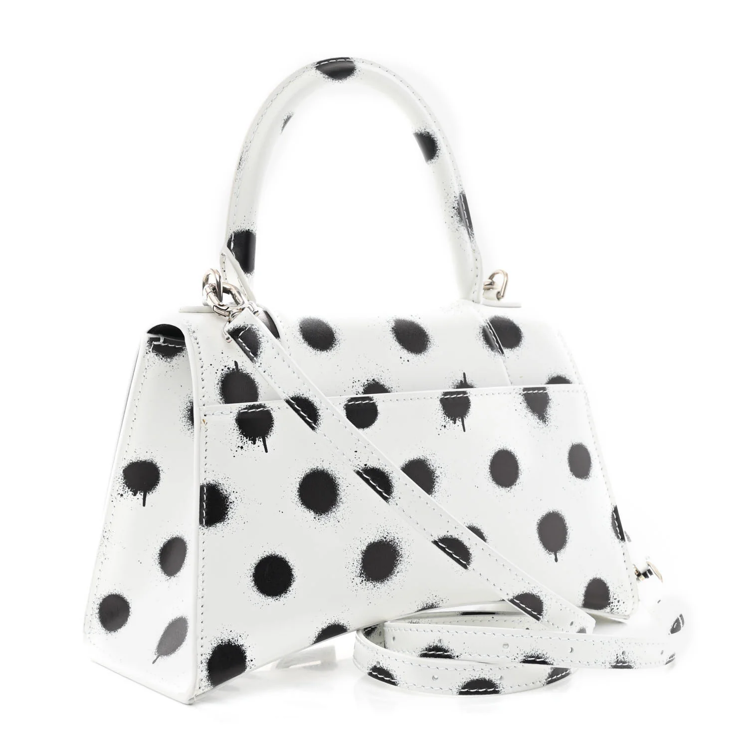 Smooth Calfskin Spray Polka Dot Small Hourglass Top Handle Bag White Black