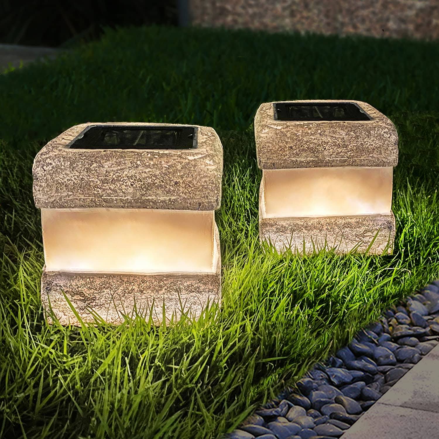 Larekook 2 Pack Solar Garden Lights, Fake Rock Lights for Outdoor Pathway Yard, Solar Waterproof Decorative Rocks Lantern for Landscape Decor Gery