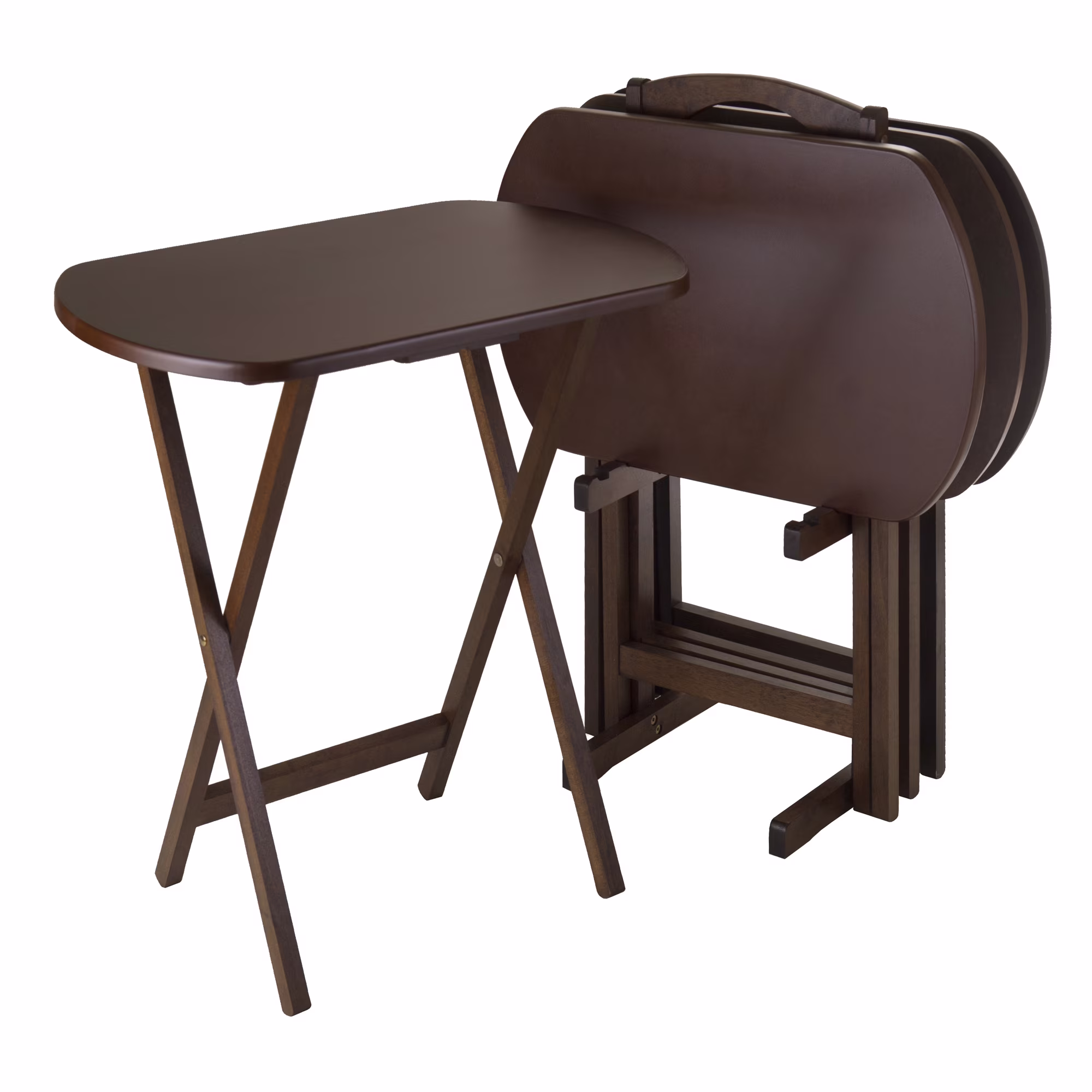 Contemporary Home Living Set of 5 Corbett Walnut Oversize Oblong Folding Snack Table with Storage