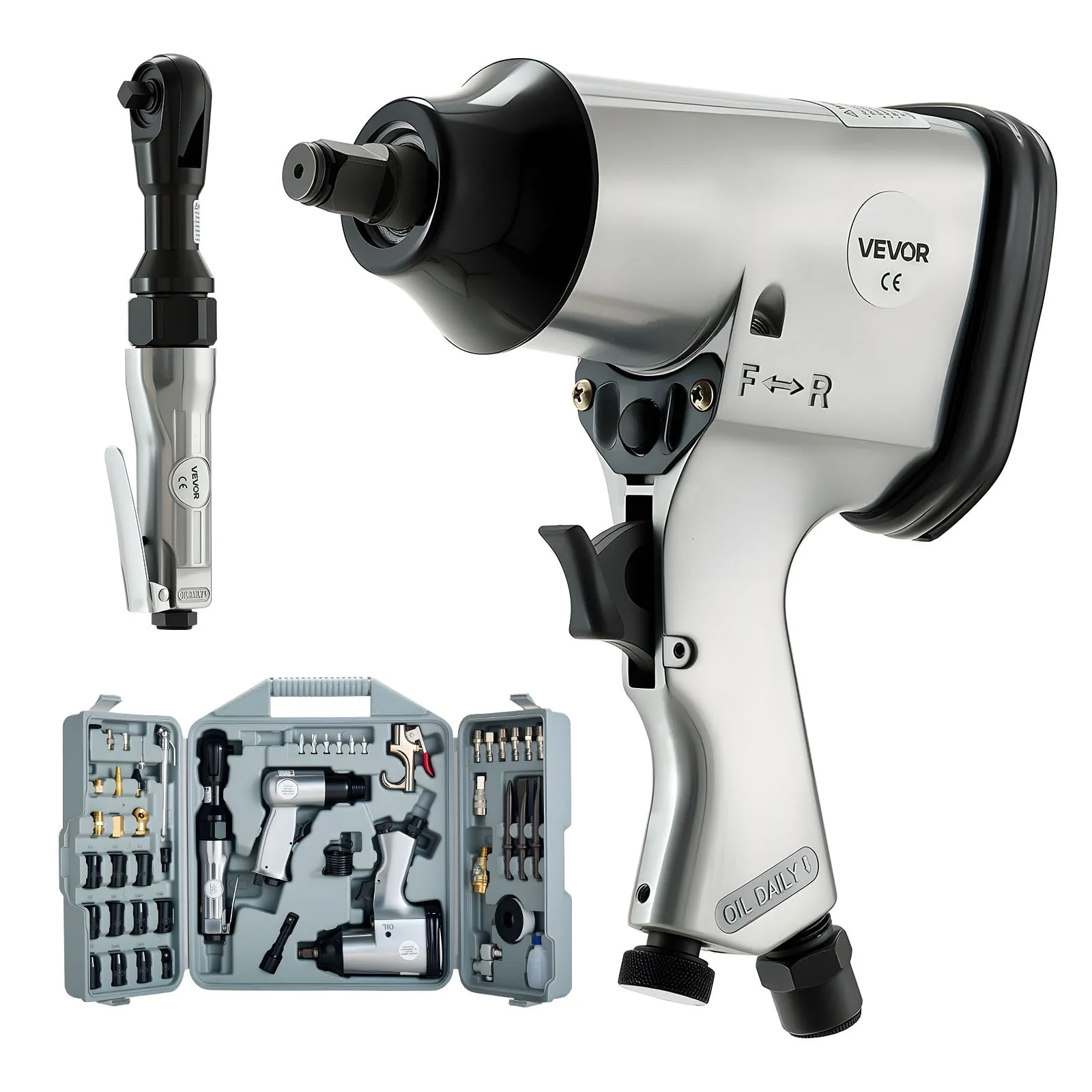 VEVOR 50 Pieces Pro Air Tool and Accessories Kit - 1/2" Air Impact Wrench, 3/8" Ratchet Wrench, 4500BPM Hammer, Blow Gun & Full Accessories