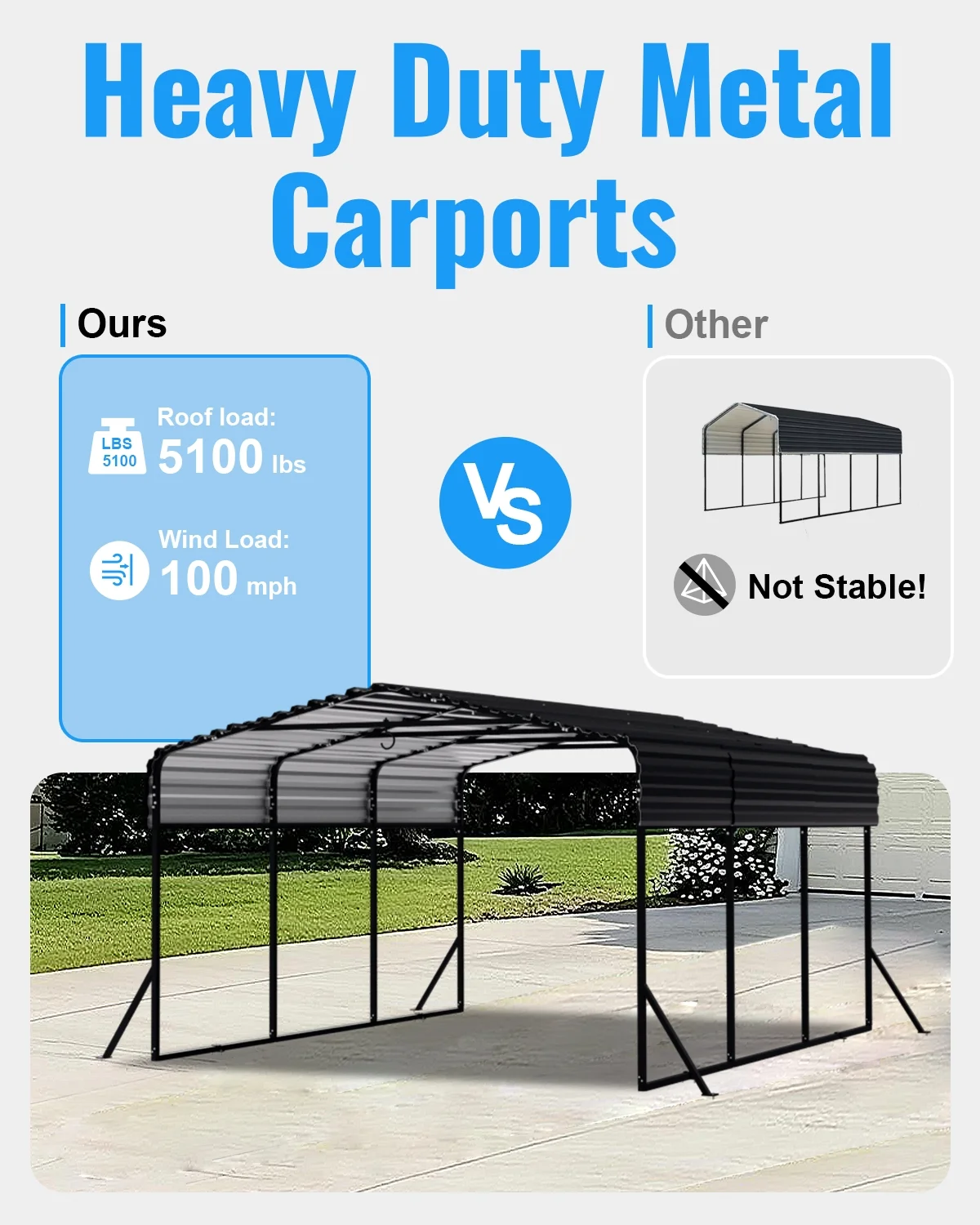 10x15FT Heavy Duty Metal Carport, Outdoor Carport Canopy with Iron Roof, Durable All-Weather Carport for Cars, Trucks, Boats Outdoor Equipment, Easy Quick-Install Assembly(10*15FT) - Image 6