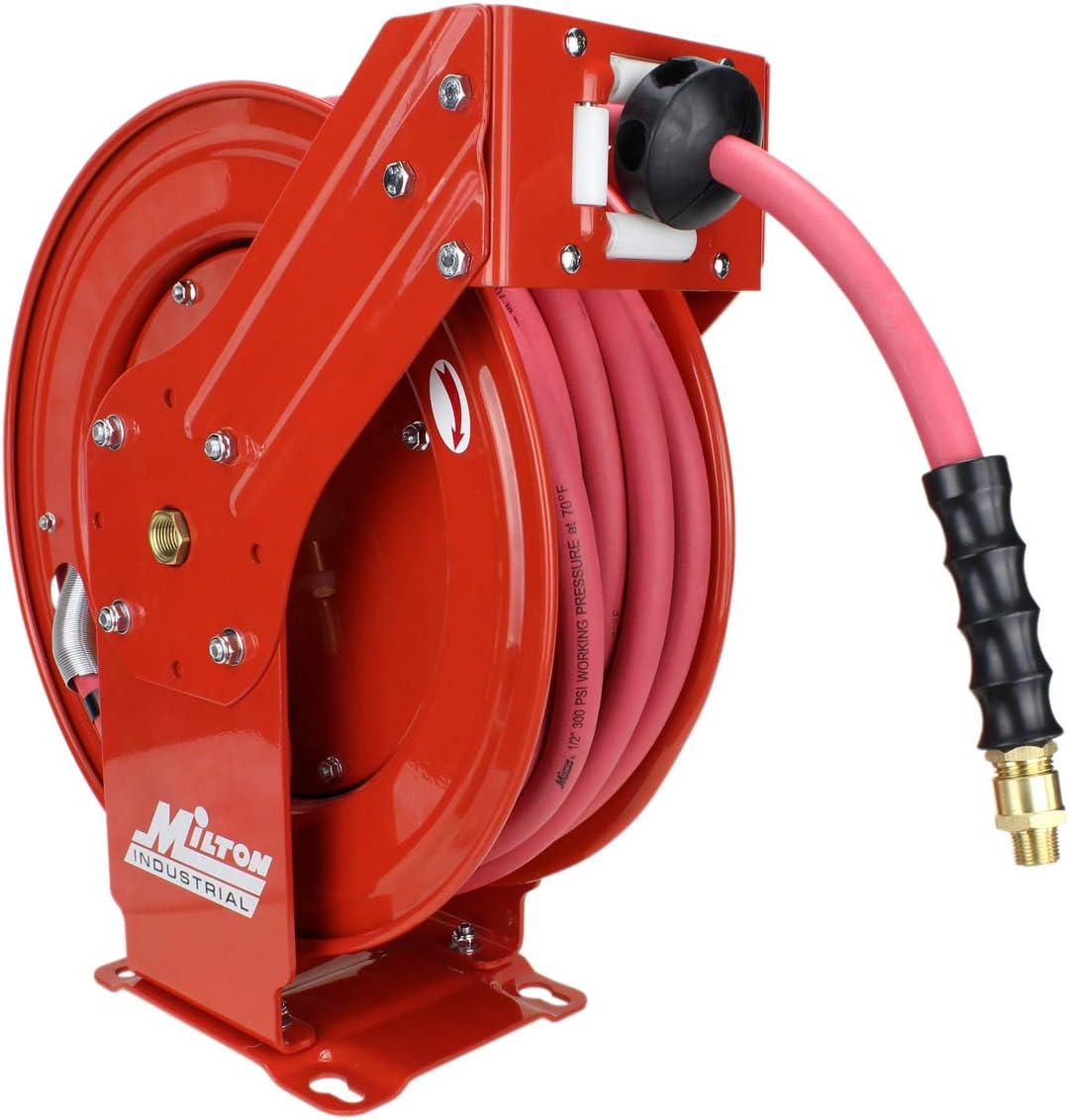 MILTON Industrial Hose Reel 2790-50D  Auto Retractable  Chemical Resistant  Prevent Cracking  Flexible in Extreme Conditions 1/2” Hose ID  50 Foot Rubber Hose  300 PSI Max Pressure 1/2