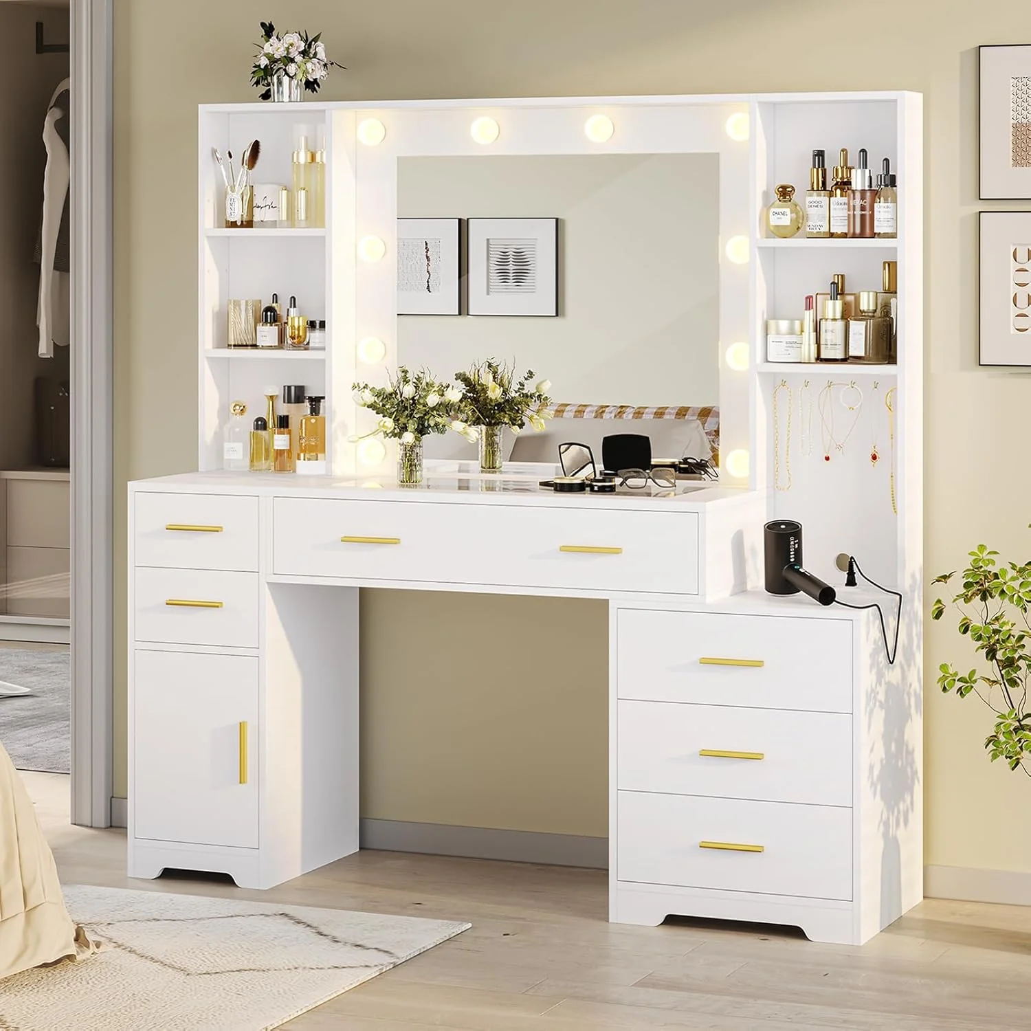 Grande coiffeuse Hasuit de 124 cm (48,8 po) avec miroir lumineux et prise électrique, table de maquillage